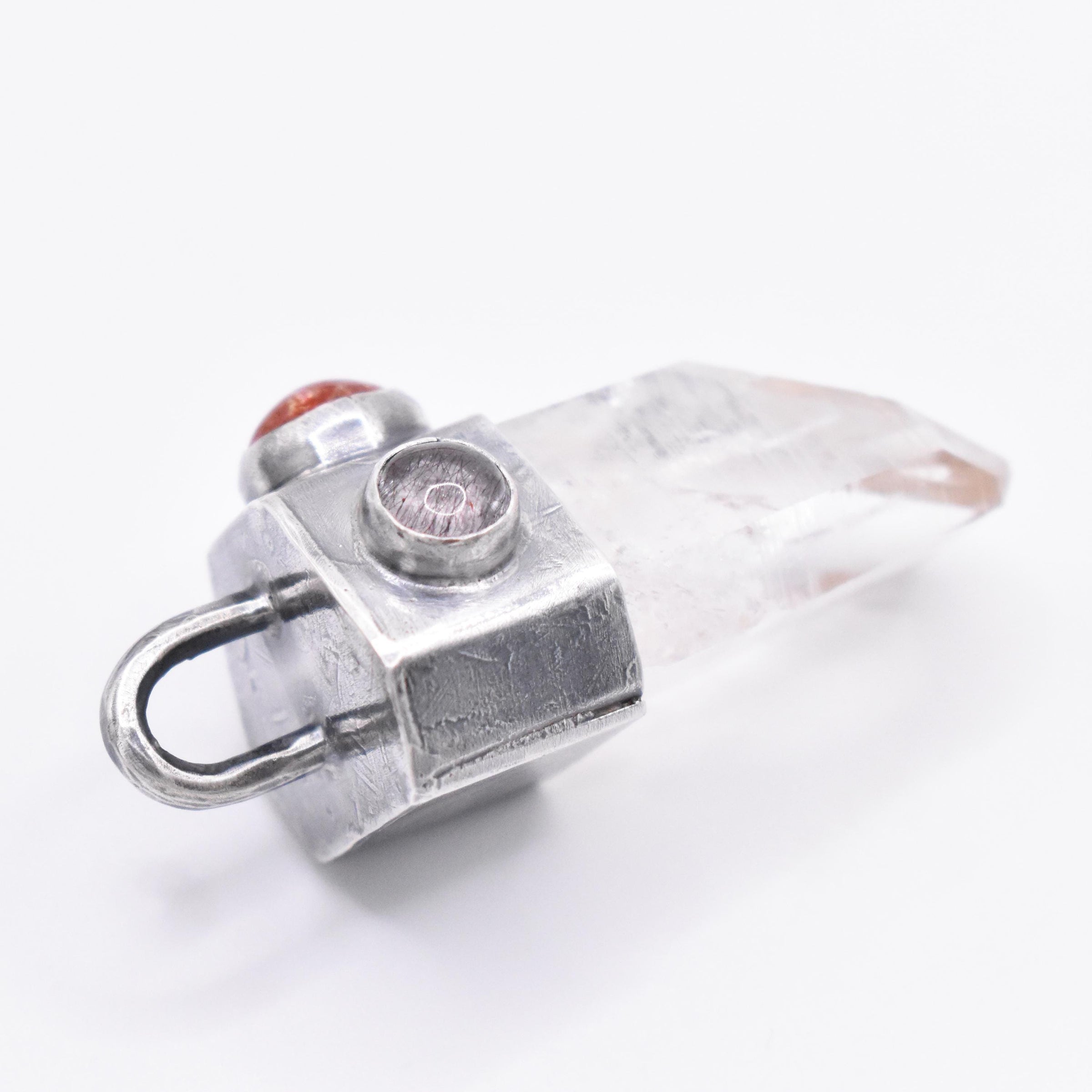 Handmade Brandberg Enhydro Quartz, Sunstone and Super 7 Hammered Sterling Silver Crystal Pendant