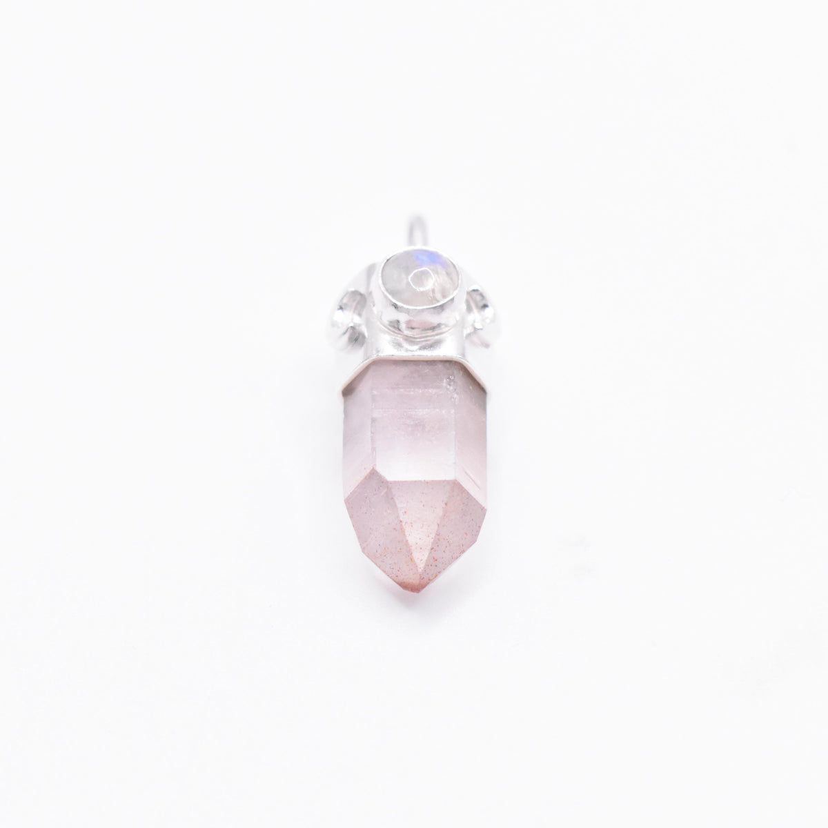 Handmade Brandberg Quartz Crystal and Rainbow Moonstone Sterling Silver Moon Pendant