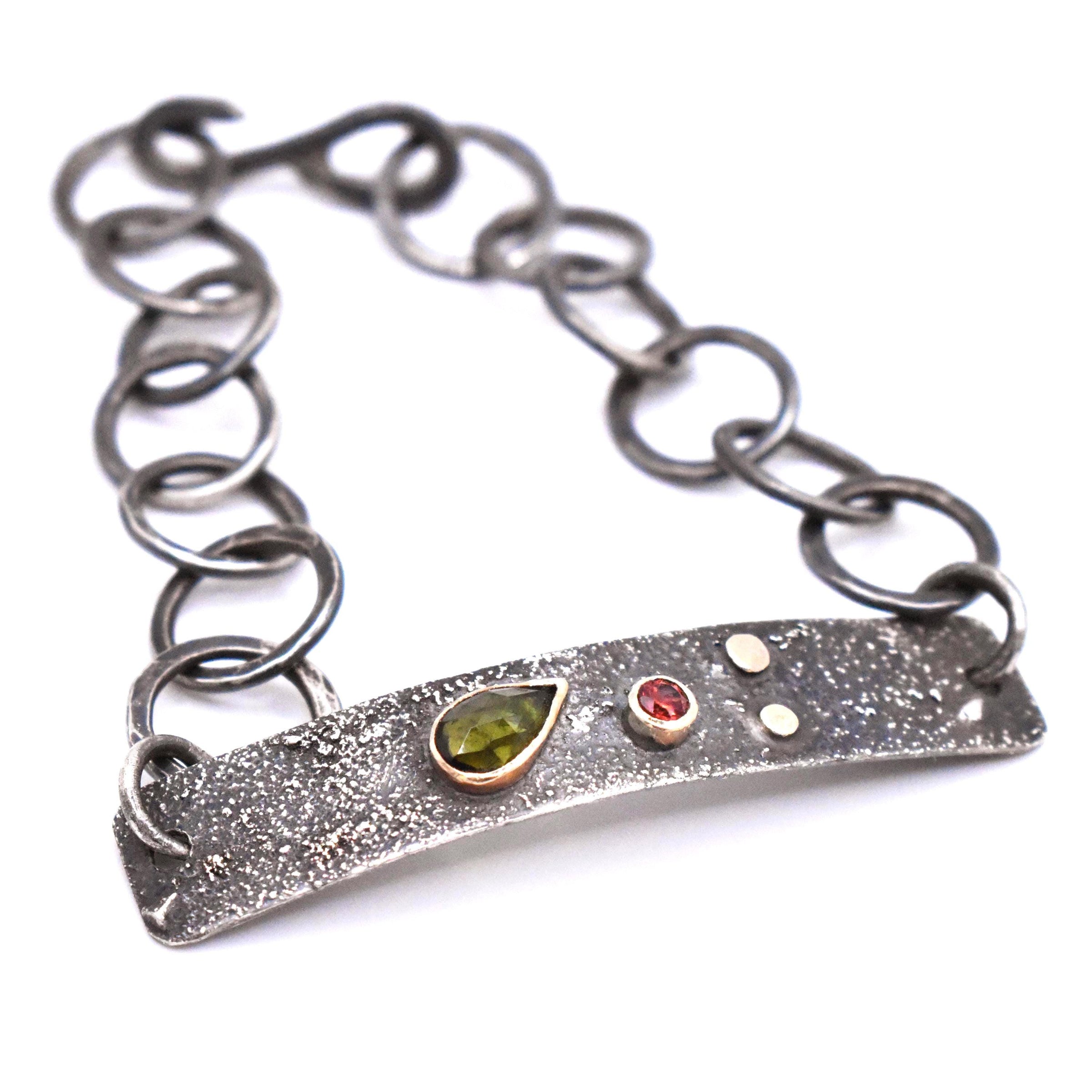 Handmade Oxidised Sterling Silver Bracelet with Tourmalines and 9ct Gold