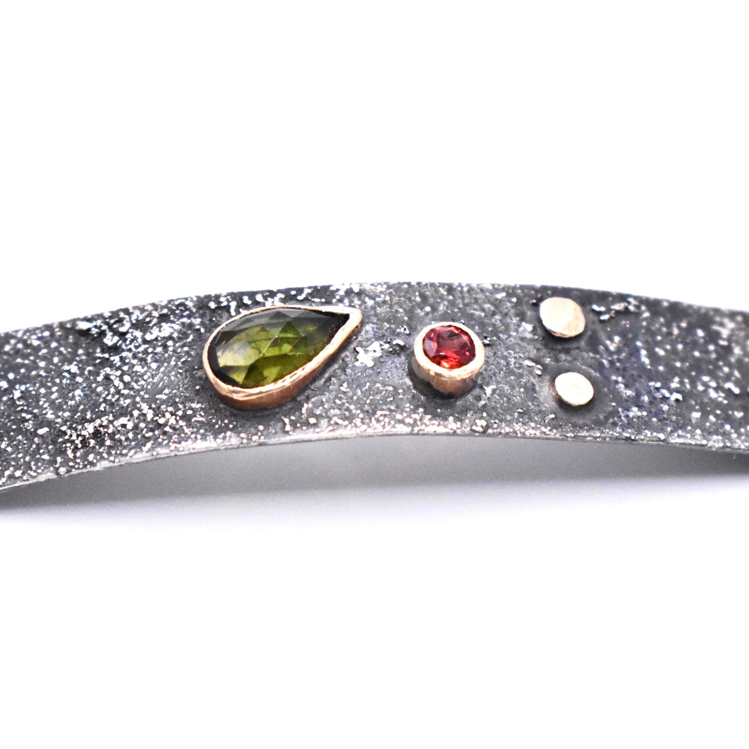 Handmade Oxidised Sterling Silver Bracelet with Tourmalines and 9ct Gold