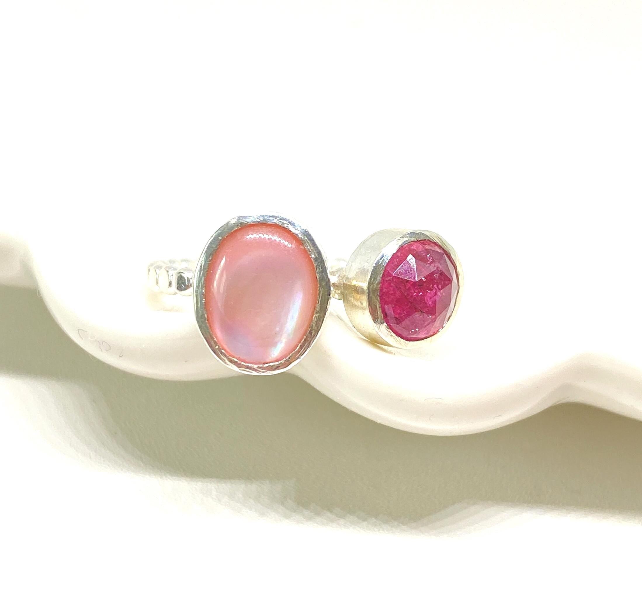 Pink Tourmaline and Mother Of Pearl Silver Ring Handmade