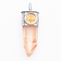 Handmade Golden Lemurian Quartz and Yellow Opal Stamped Bee Sterling Silver Pendant