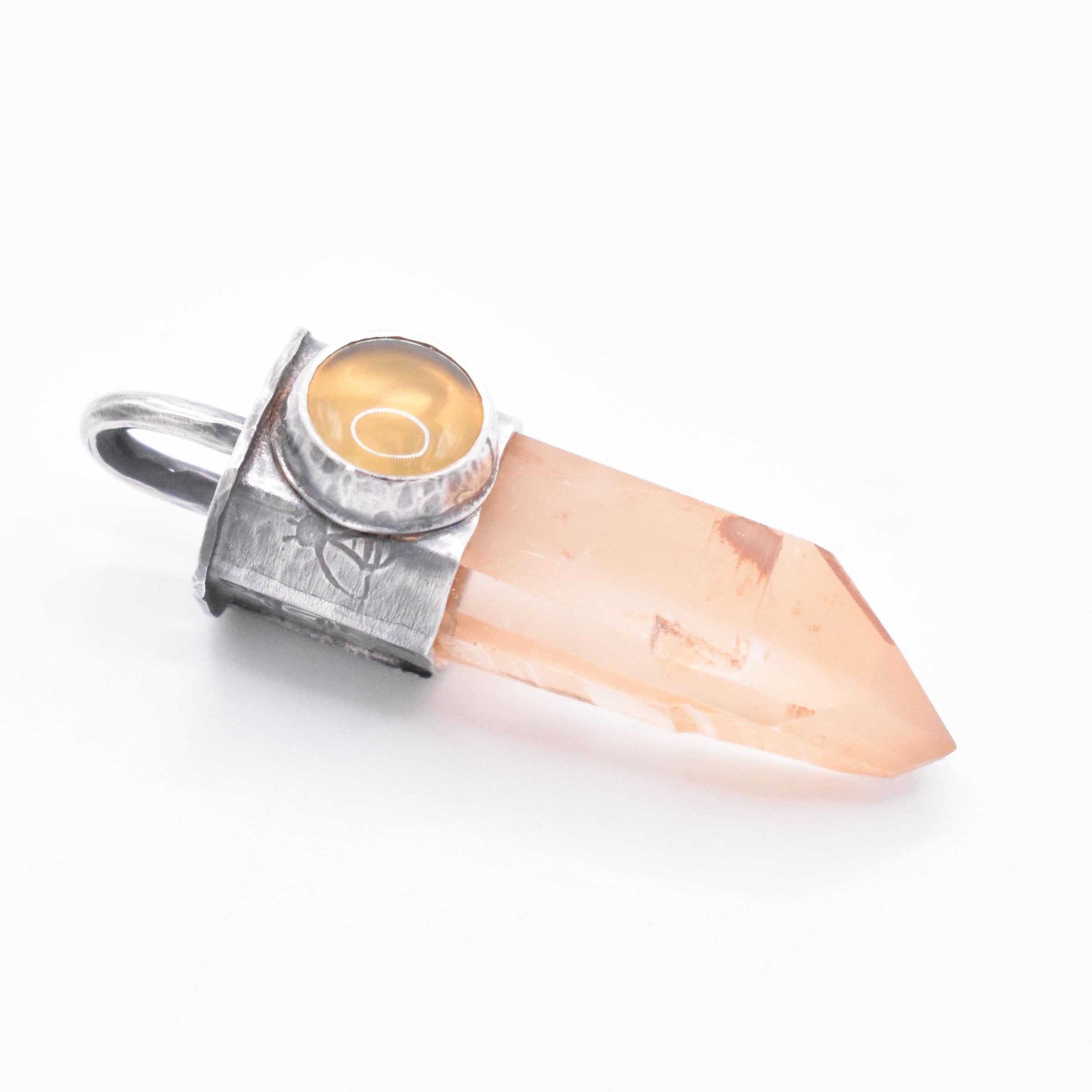 Handmade Golden Lemurian Quartz and Yellow Opal Stamped Bee Sterling Silver Pendant