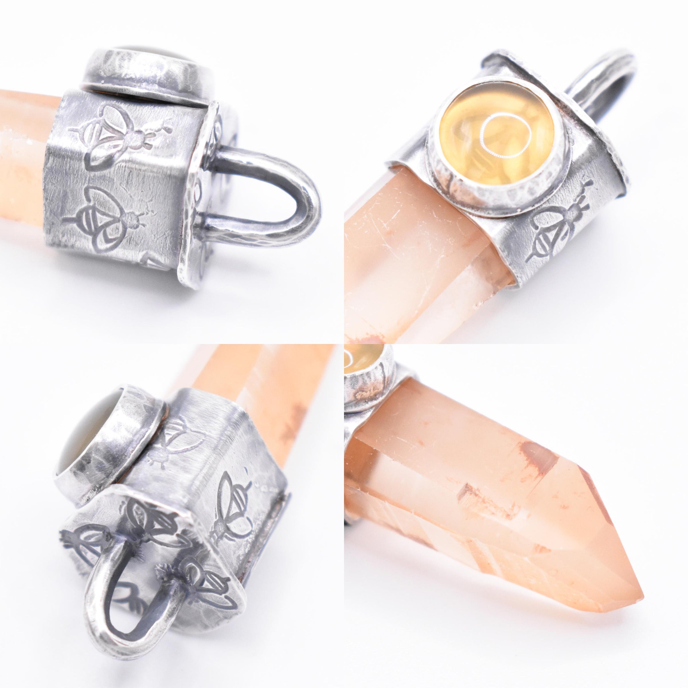 Handmade Golden Lemurian Quartz and Yellow Opal Stamped Bee Sterling Silver Pendant