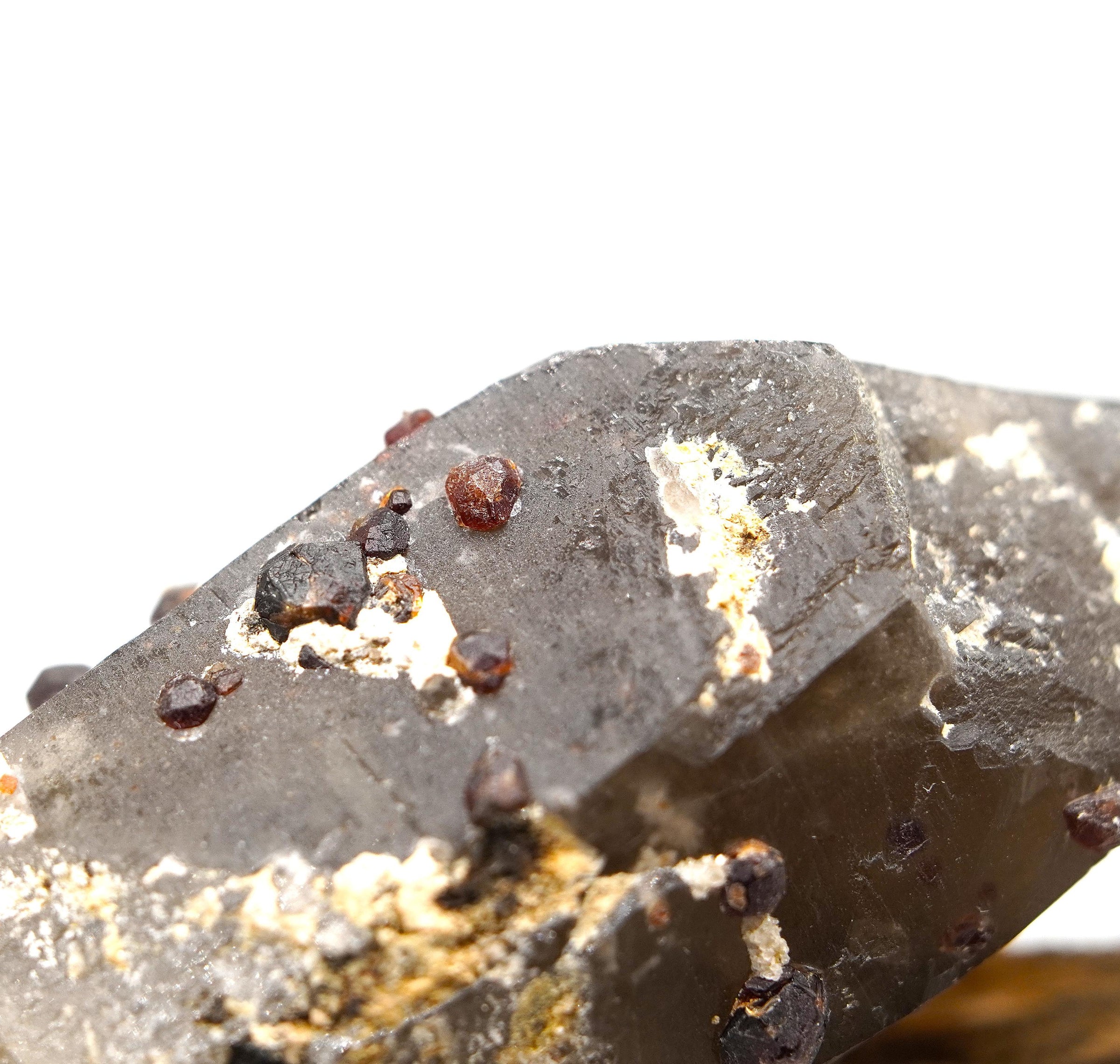 Spessartine Garnets on Self-Healed Smoky Manifestation Quartz: Rare Natural Crystal