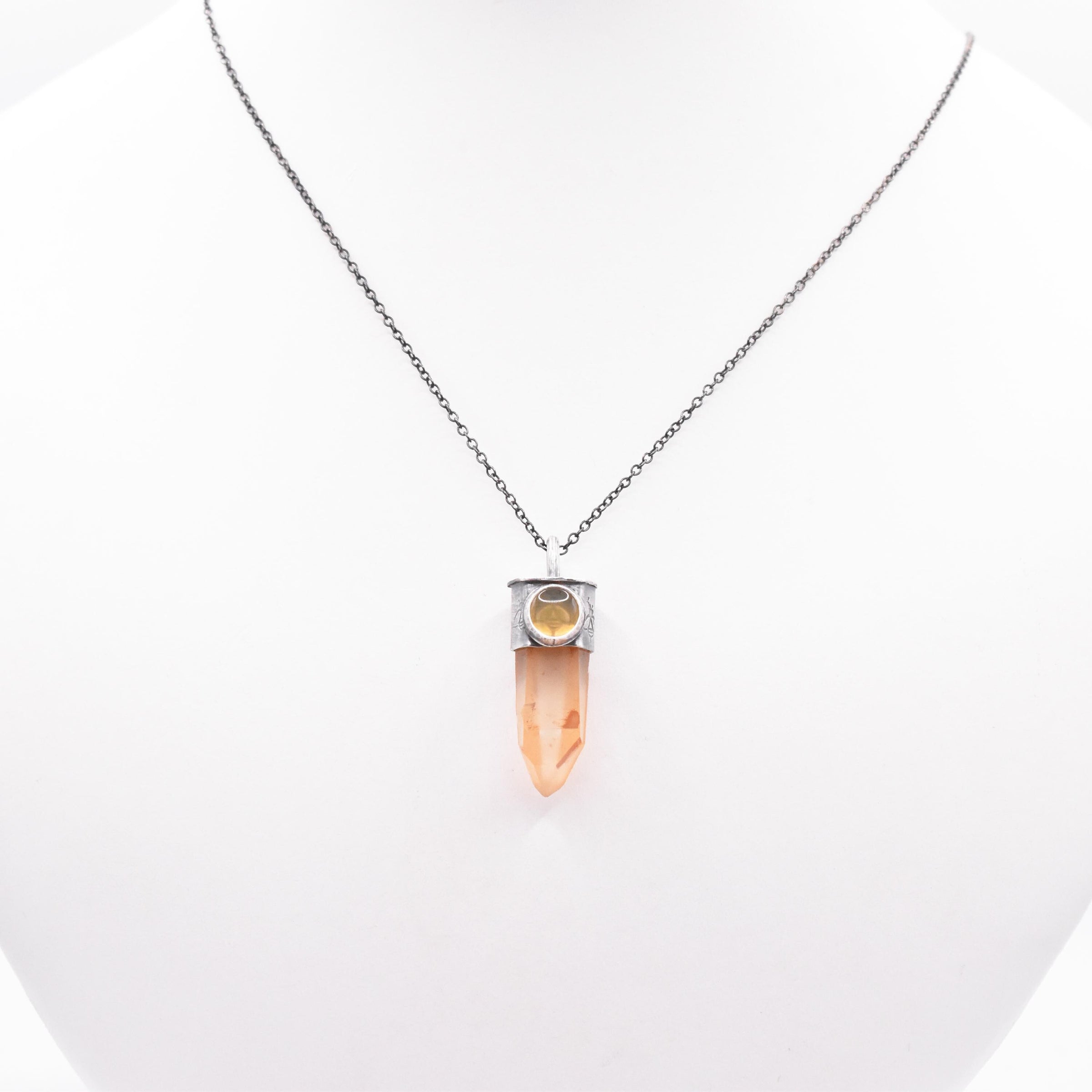 Handmade Golden Lemurian Quartz and Yellow Opal Stamped Bee Sterling Silver Pendant