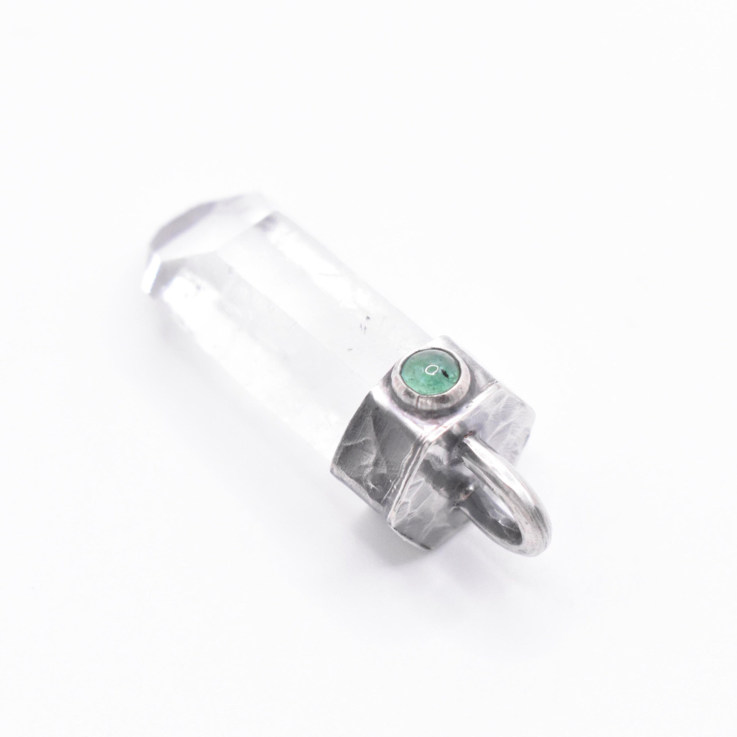 Handmade Himalayan Quartz and Emerald Hammered and Blackened Sterling Silver Pendant