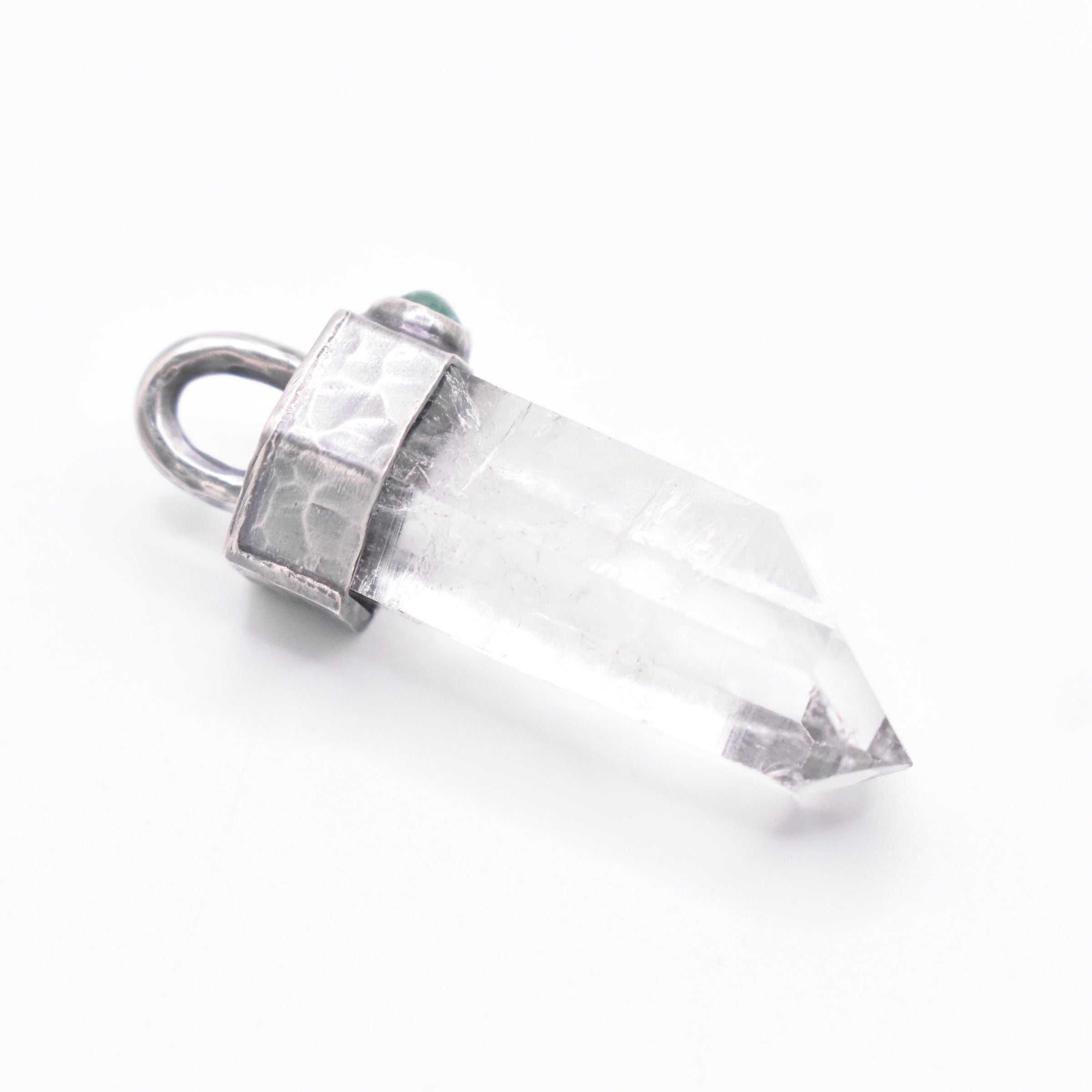 Handmade Himalayan Quartz and Emerald Hammered and Blackened Sterling Silver Pendant