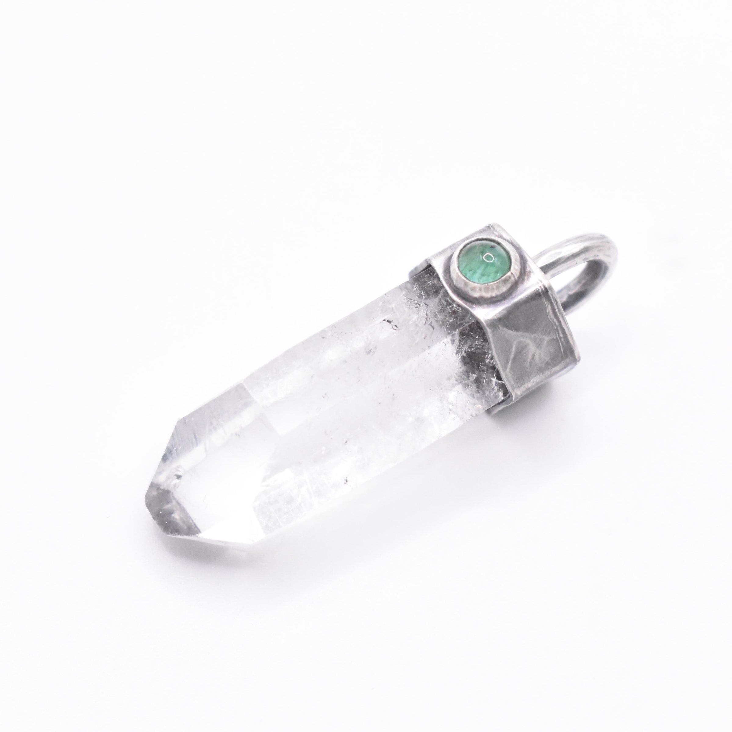 Handmade Himalayan Quartz and Emerald Hammered and Blackened Sterling Silver Pendant