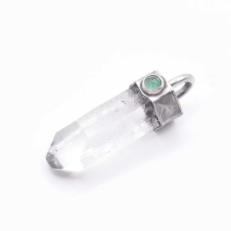 Handmade Himalayan Quartz and Emerald Hammered and Blackened Sterling Silver Pendant