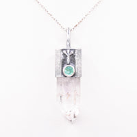 Handmade Brandberg Quartz and Emerald Hammered and Blackened Sterling Silver Algiz Rune Pendant