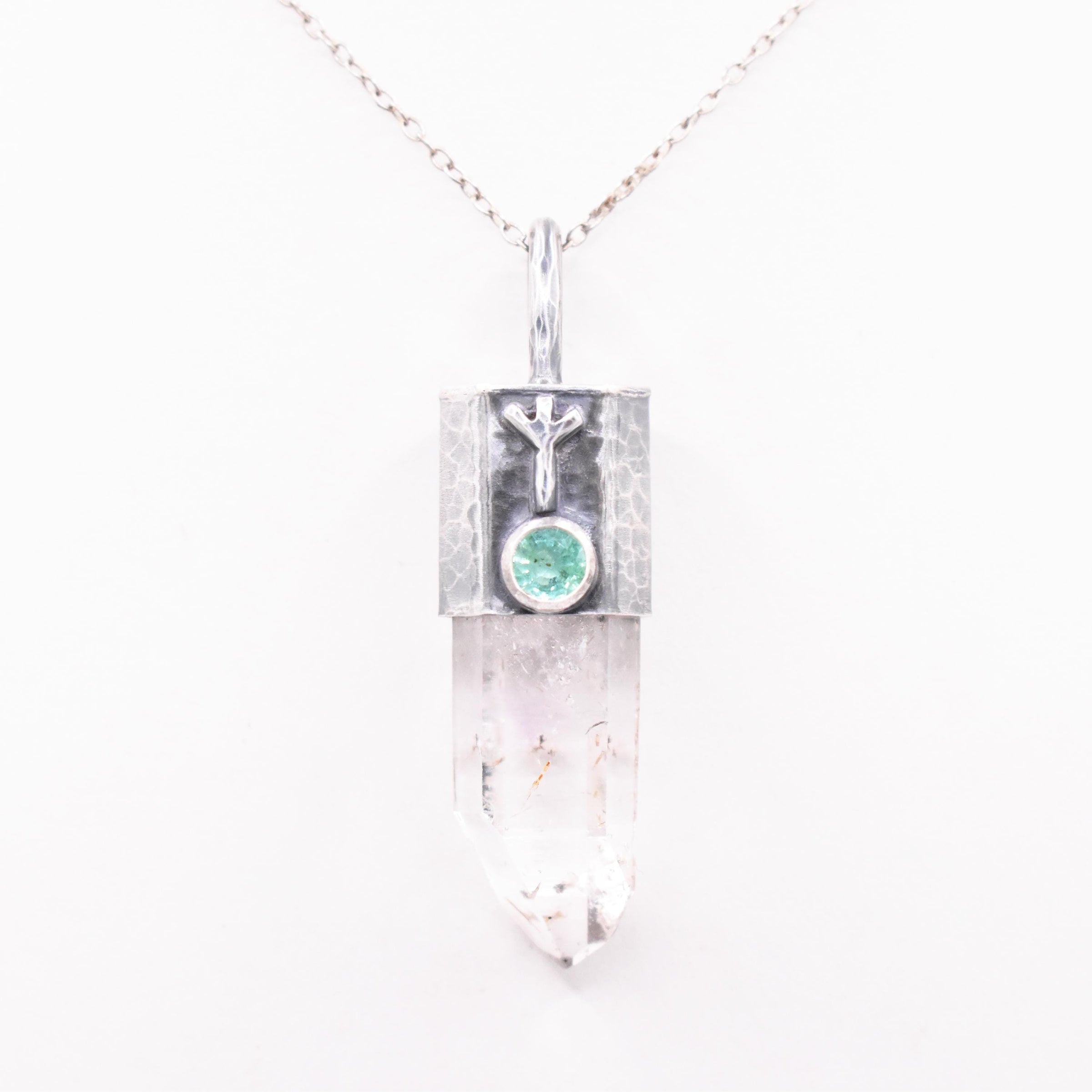 Handmade Brandberg Quartz and Emerald Hammered and Blackened Sterling Silver Algiz Rune Pendant