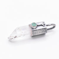 Handmade Brandberg Quartz and Emerald Hammered and Blackened Sterling Silver Algiz Rune Pendant