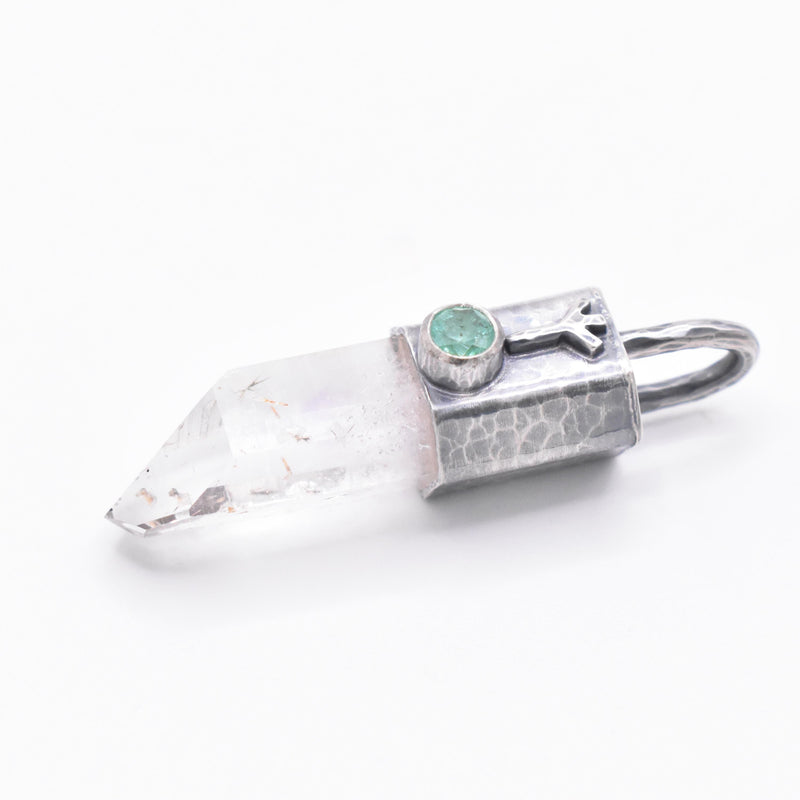 Handmade Brandberg Quartz and Emerald Hammered and Blackened Sterling Silver Algiz Rune Pendant