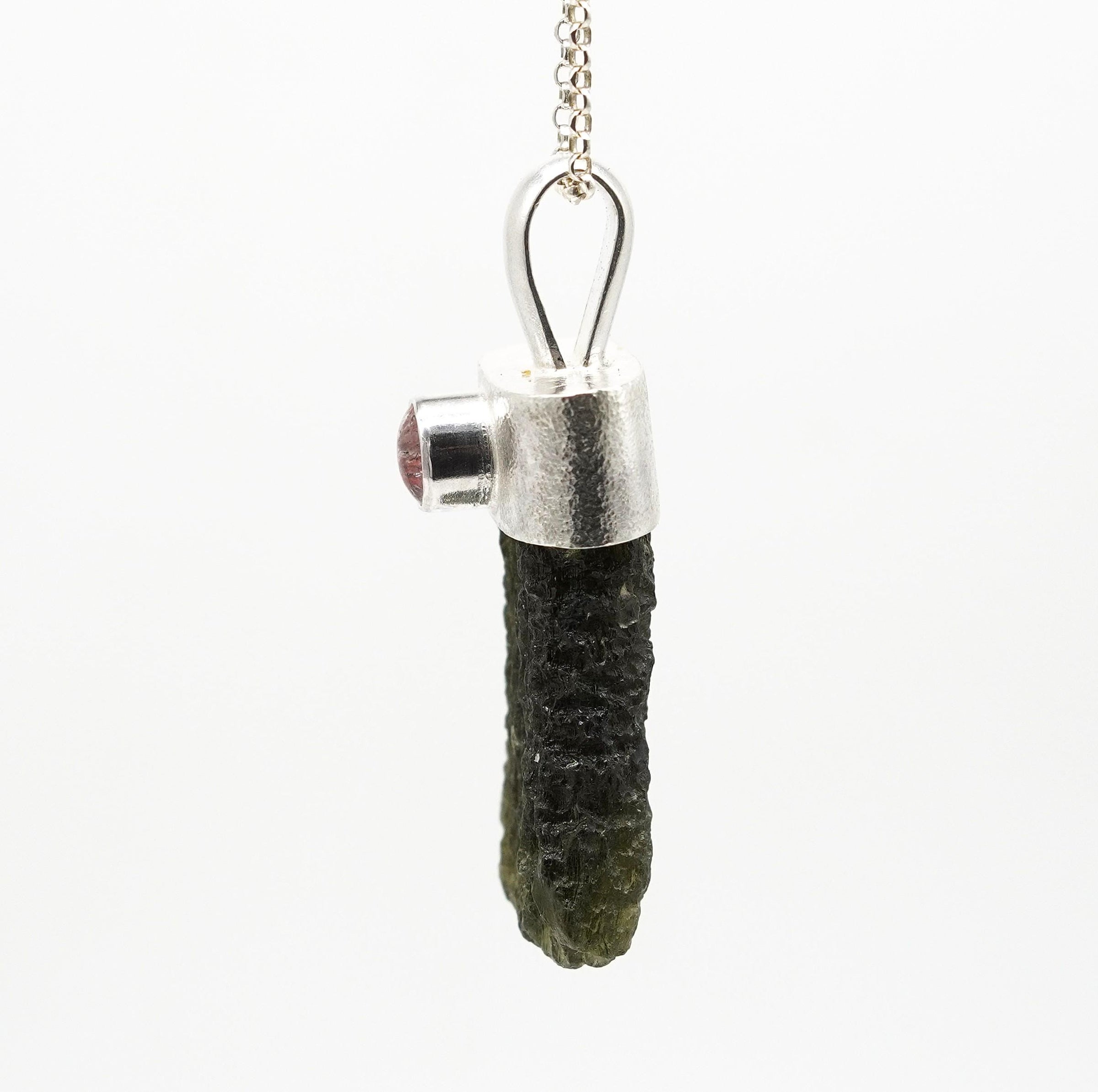 Handmade Moldavite & Super Seven Textured Sterling Silver Pendant