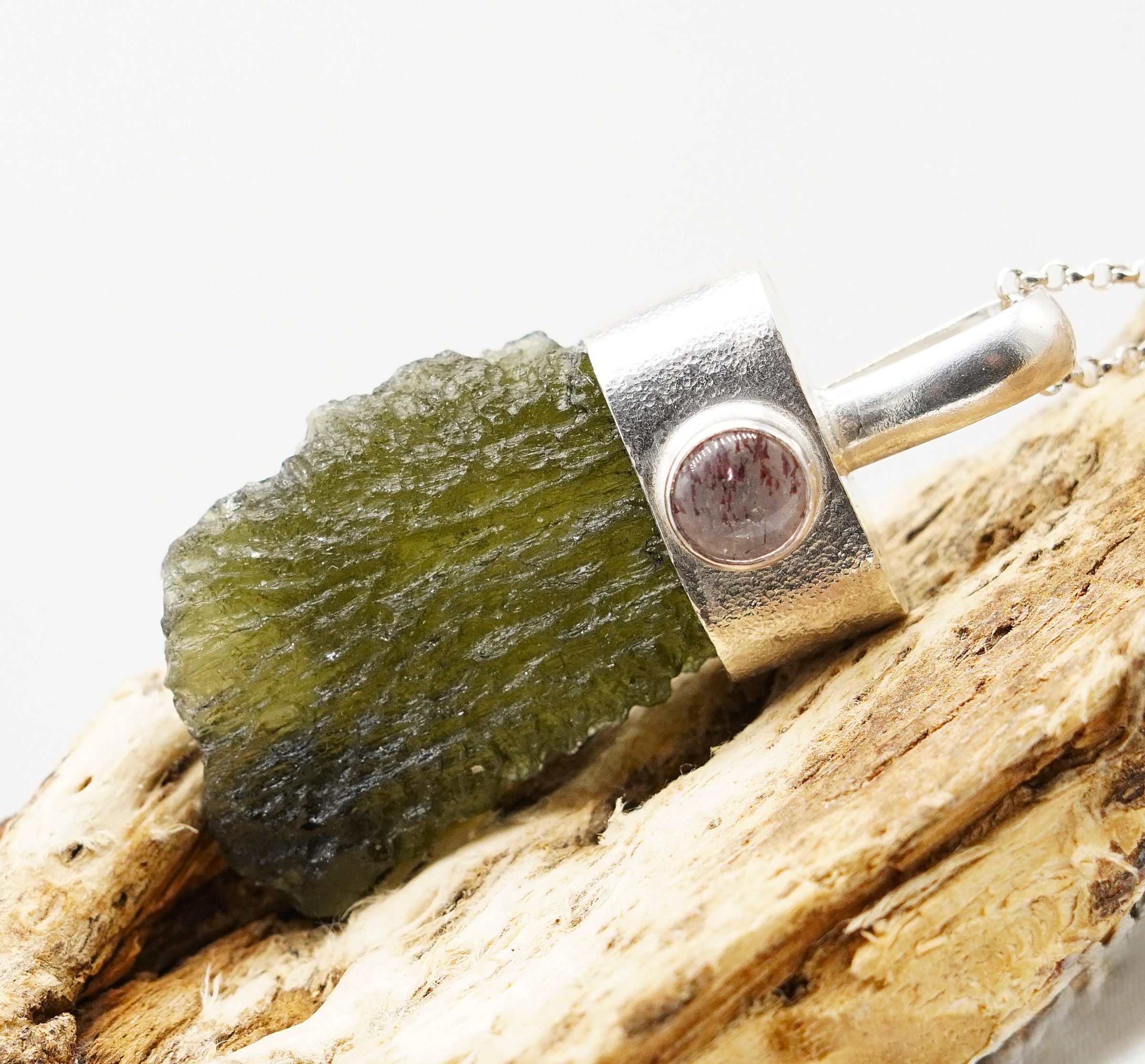 Handmade Moldavite & Super Seven Textured Sterling Silver Pendant