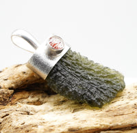 Handmade Moldavite & Super Seven Textured Sterling Silver Pendant