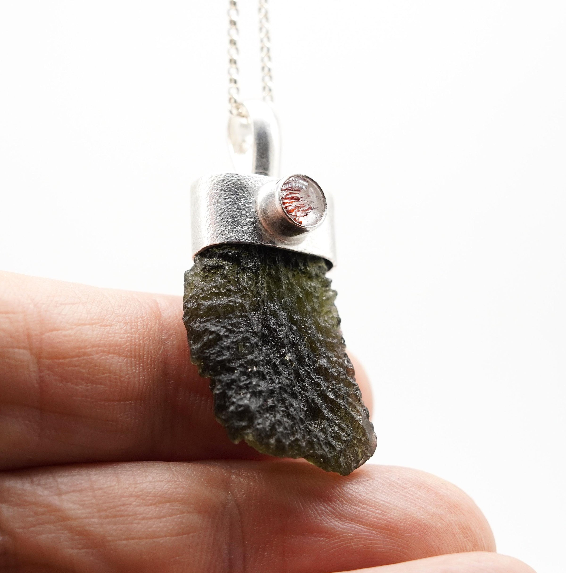 Handmade Moldavite & Super Seven Textured Sterling Silver Pendant