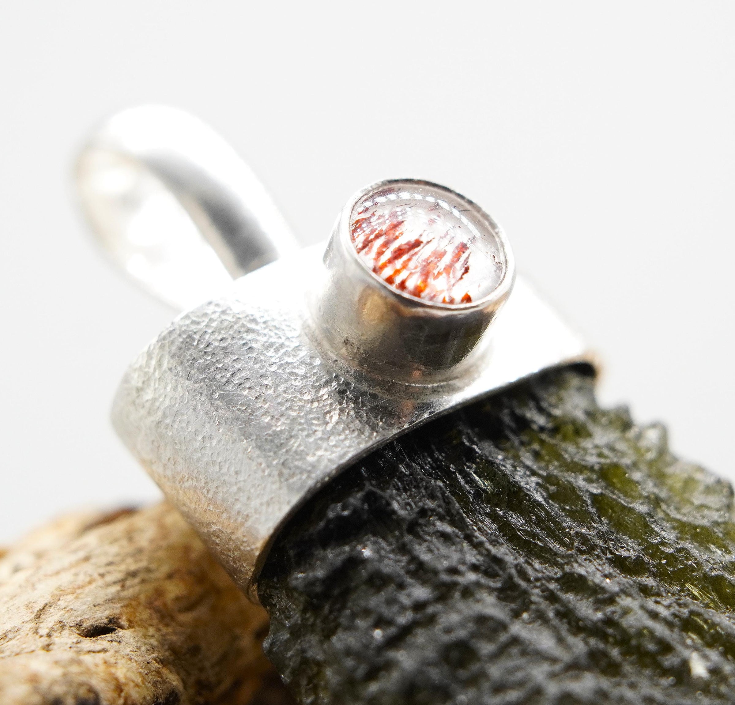 Handmade Moldavite & Super Seven Textured Sterling Silver Pendant