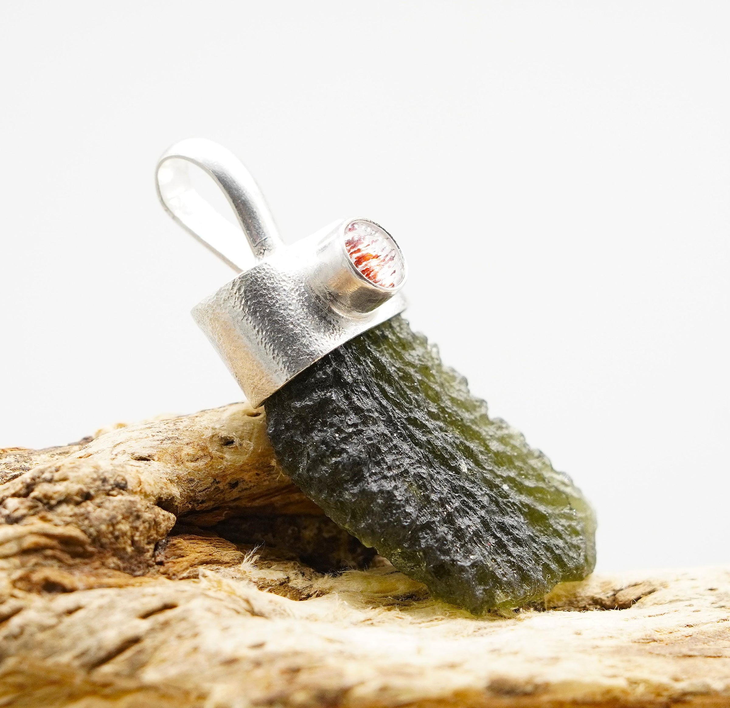 Handmade Moldavite & Super Seven Textured Sterling Silver Pendant
