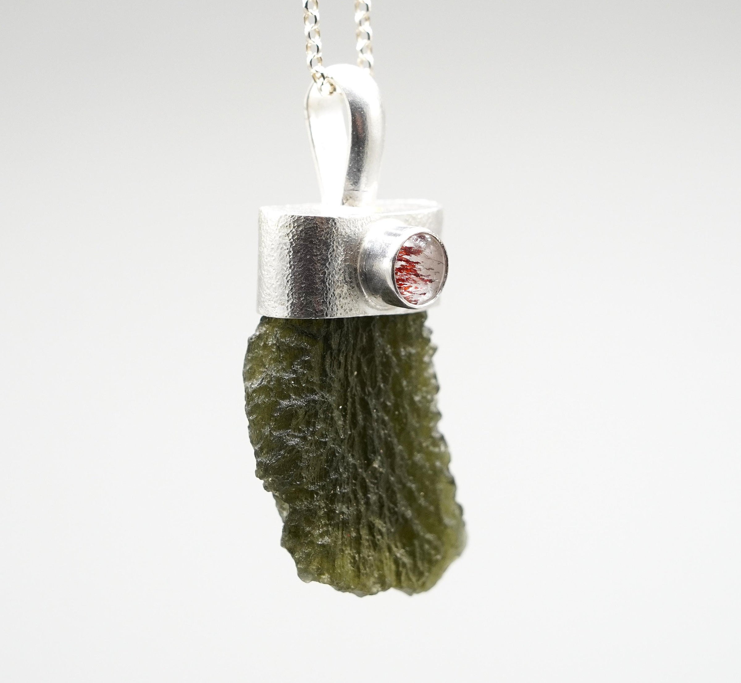 Handmade Moldavite & Super Seven Textured Sterling Silver Pendant