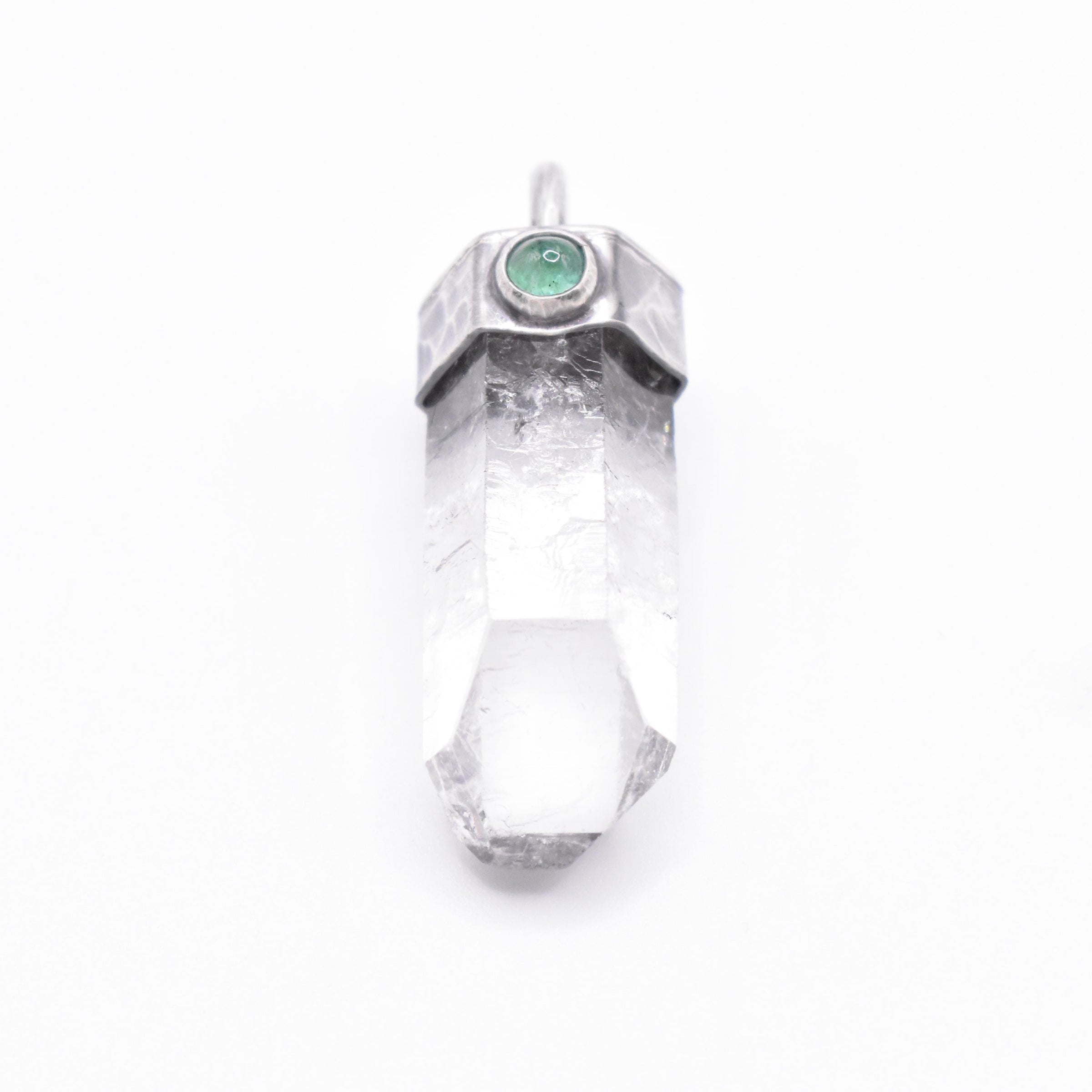 Handmade Himalayan Quartz and Emerald Hammered and Blackened Sterling Silver Pendant