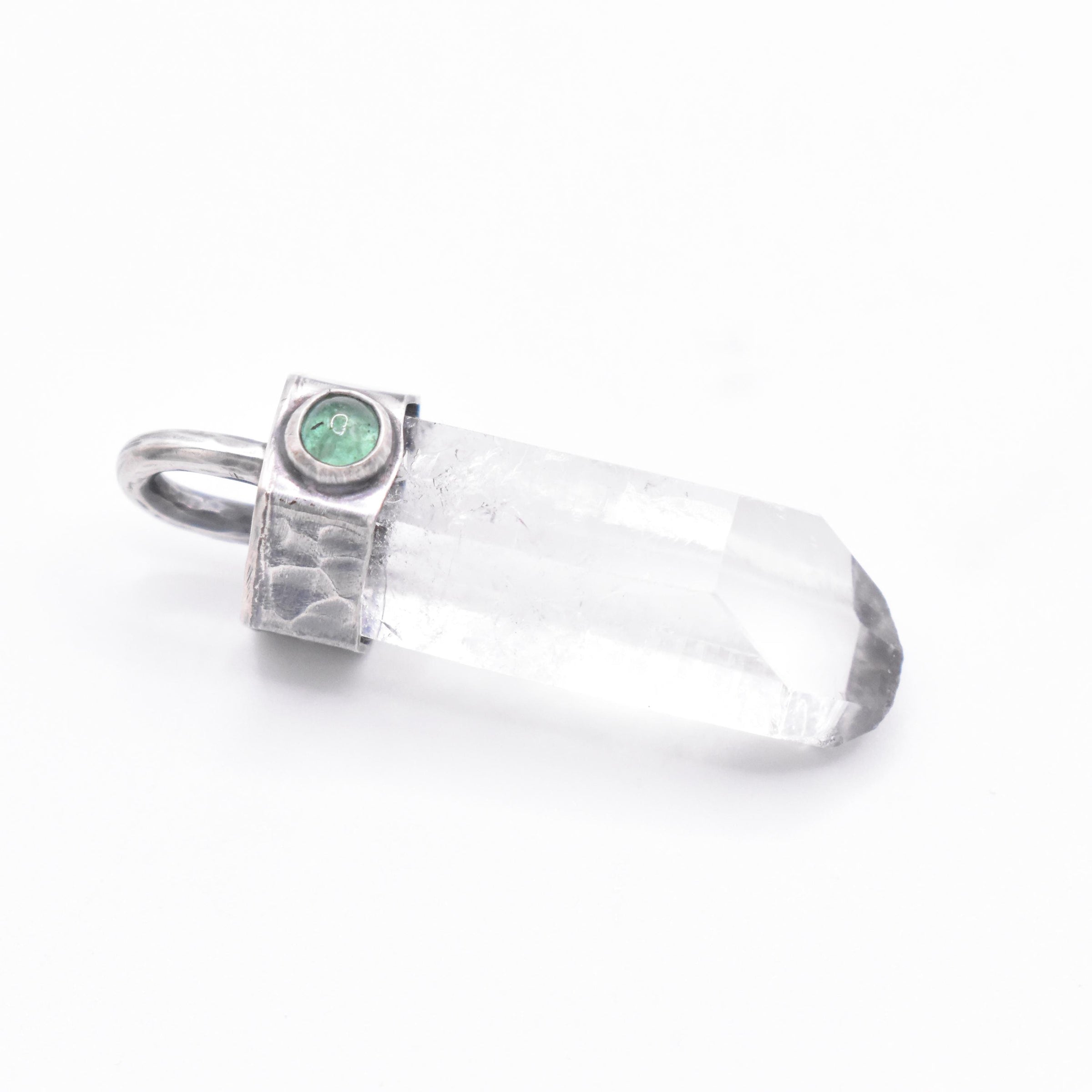 Handmade Himalayan Quartz and Emerald Hammered and Blackened Sterling Silver Pendant