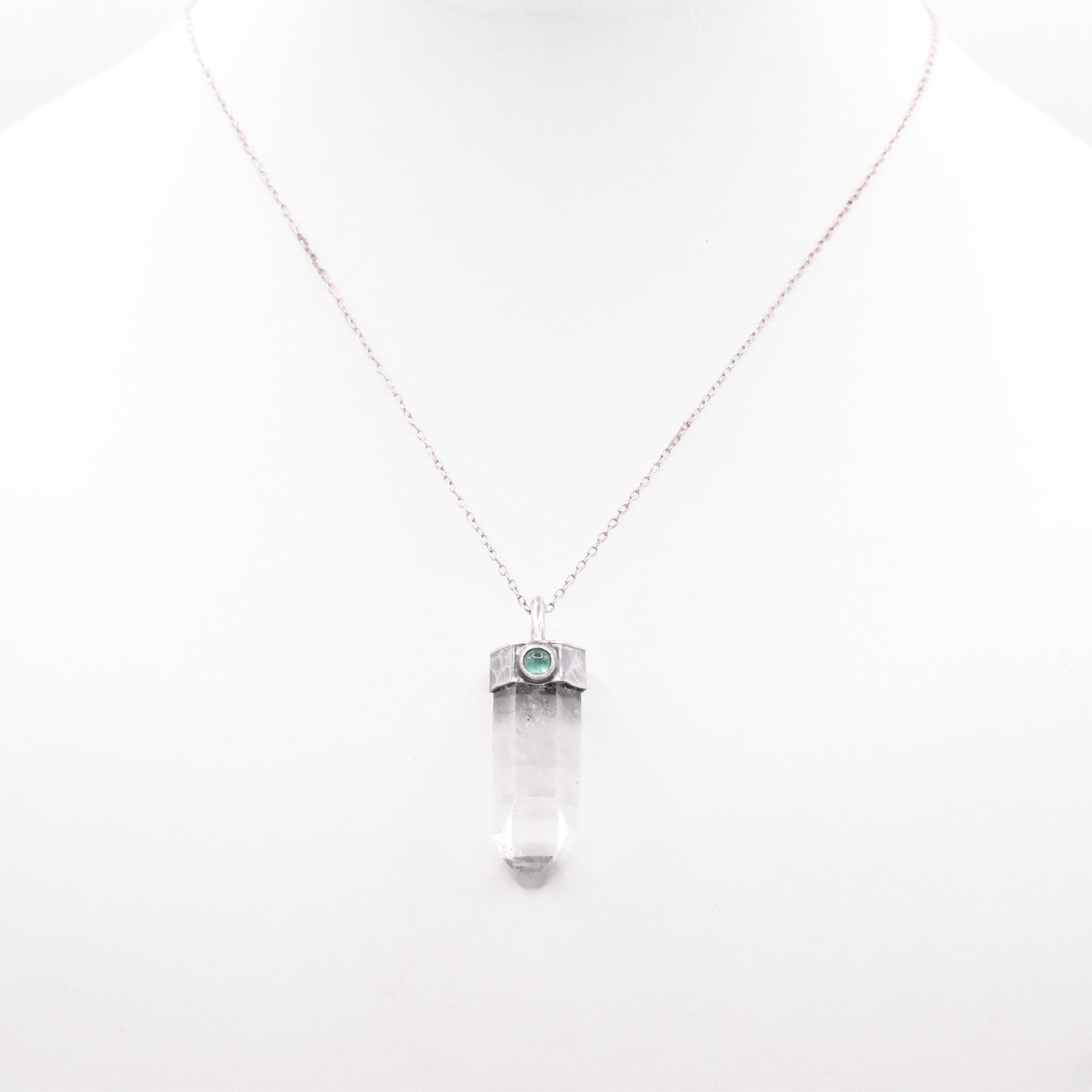 Handmade Himalayan Quartz and Emerald Hammered and Blackened Sterling Silver Pendant