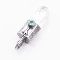Handmade Brandberg Quartz and Emerald Hammered and Blackened Sterling Silver Algiz Rune Pendant