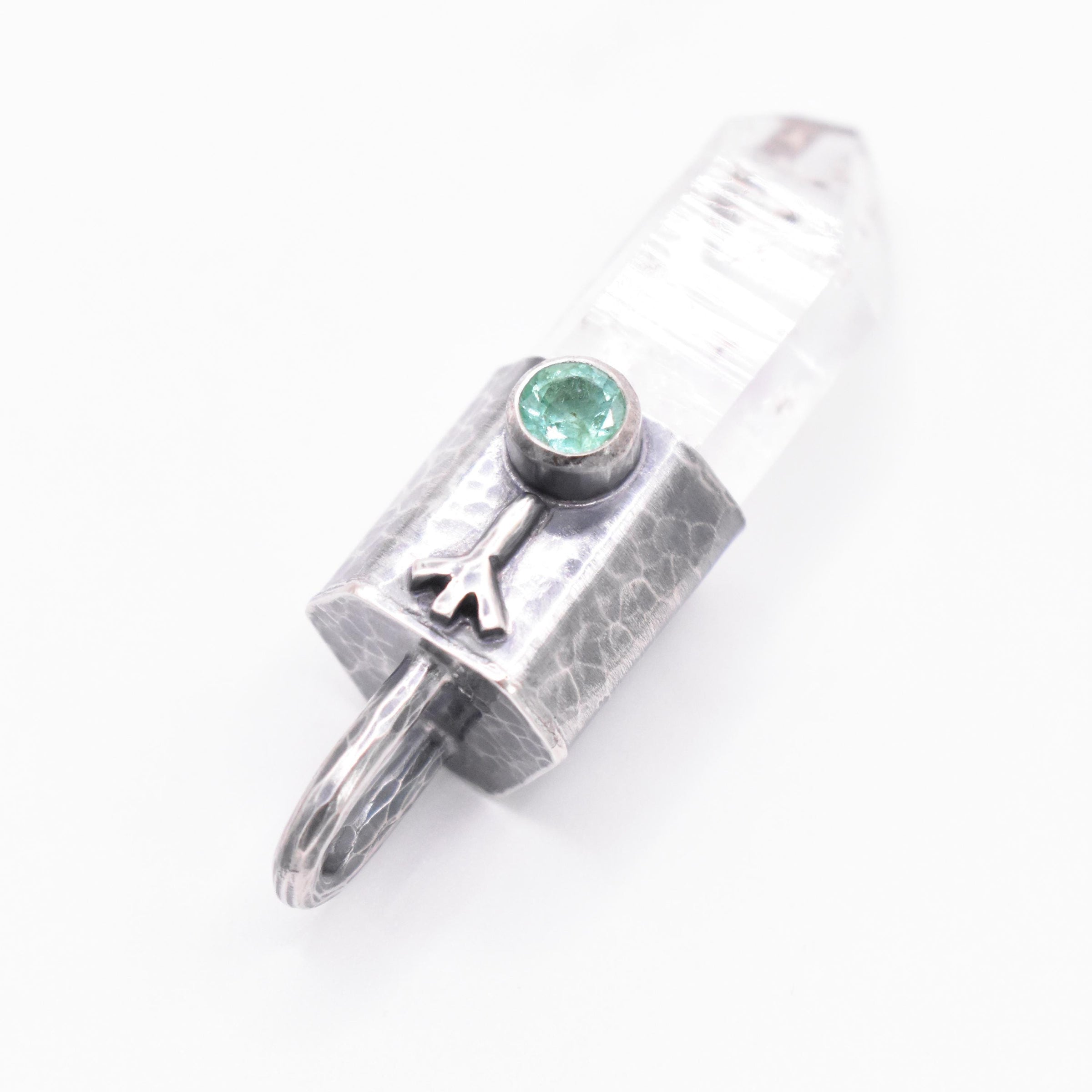 Handmade Brandberg Quartz and Emerald Hammered and Blackened Sterling Silver Algiz Rune Pendant