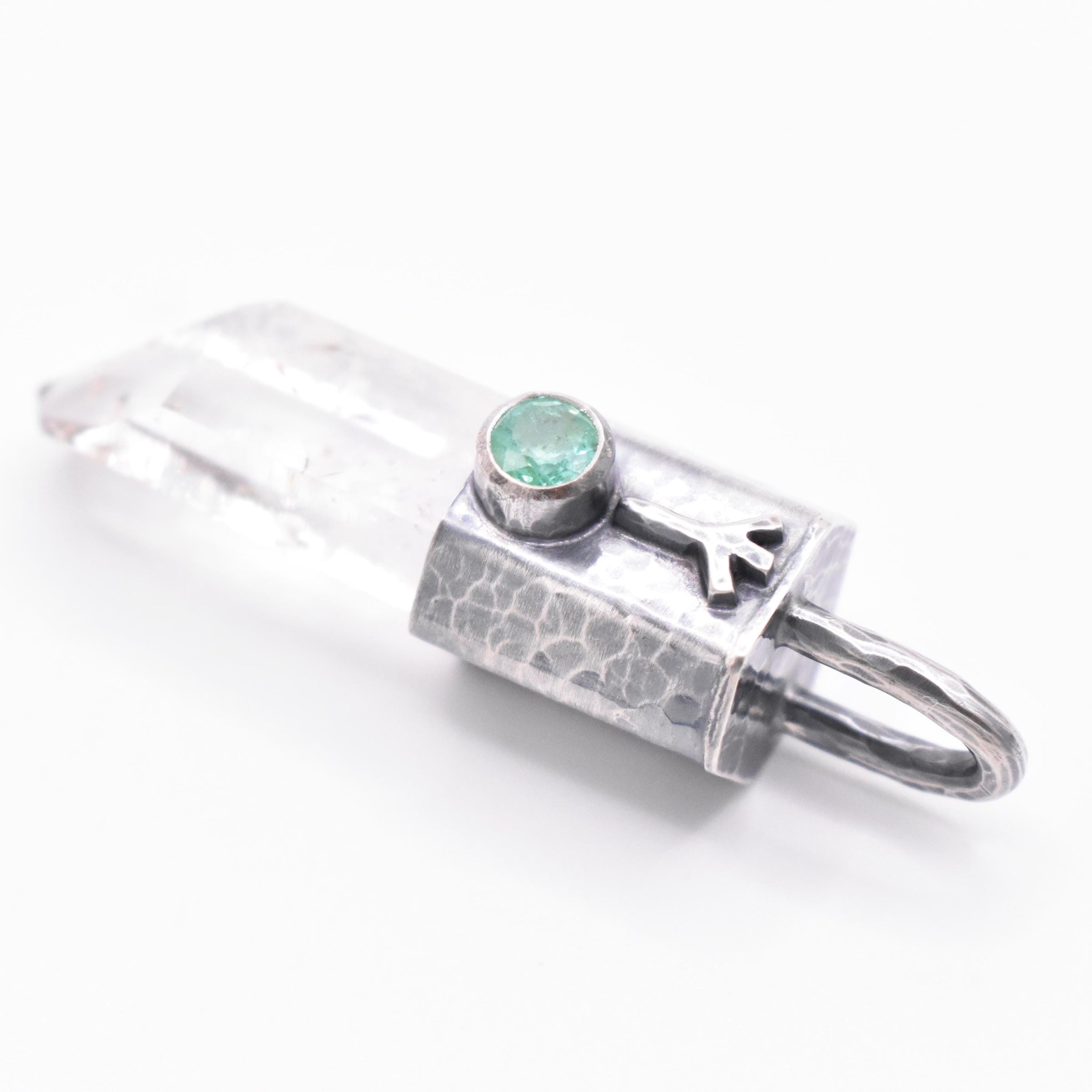 Handmade Brandberg Quartz and Emerald Hammered and Blackened Sterling Silver Algiz Rune Pendant