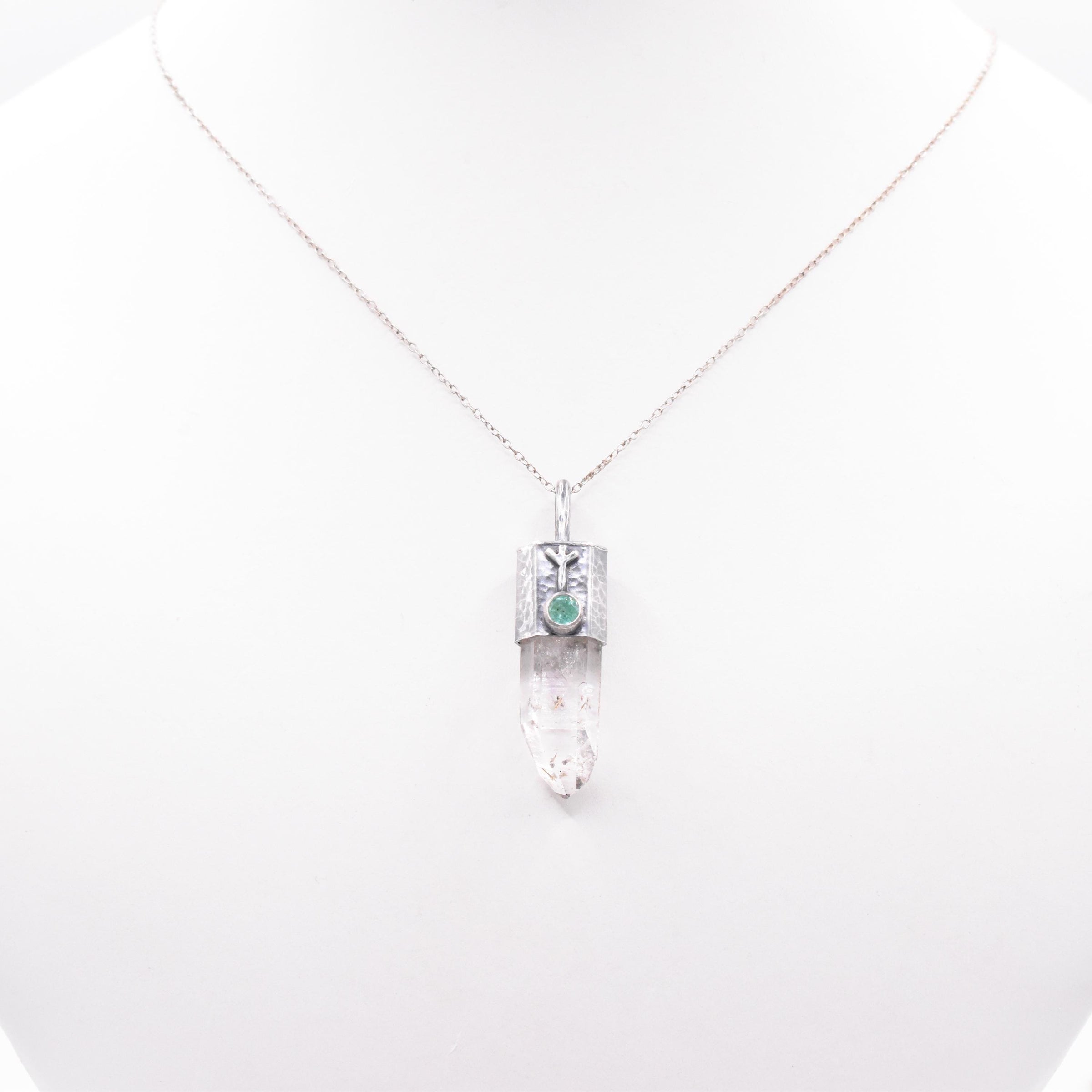 Handmade Brandberg Quartz and Emerald Hammered and Blackened Sterling Silver Algiz Rune Pendant