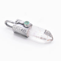 Handmade Brandberg Quartz and Emerald Hammered and Blackened Sterling Silver Algiz Rune Pendant