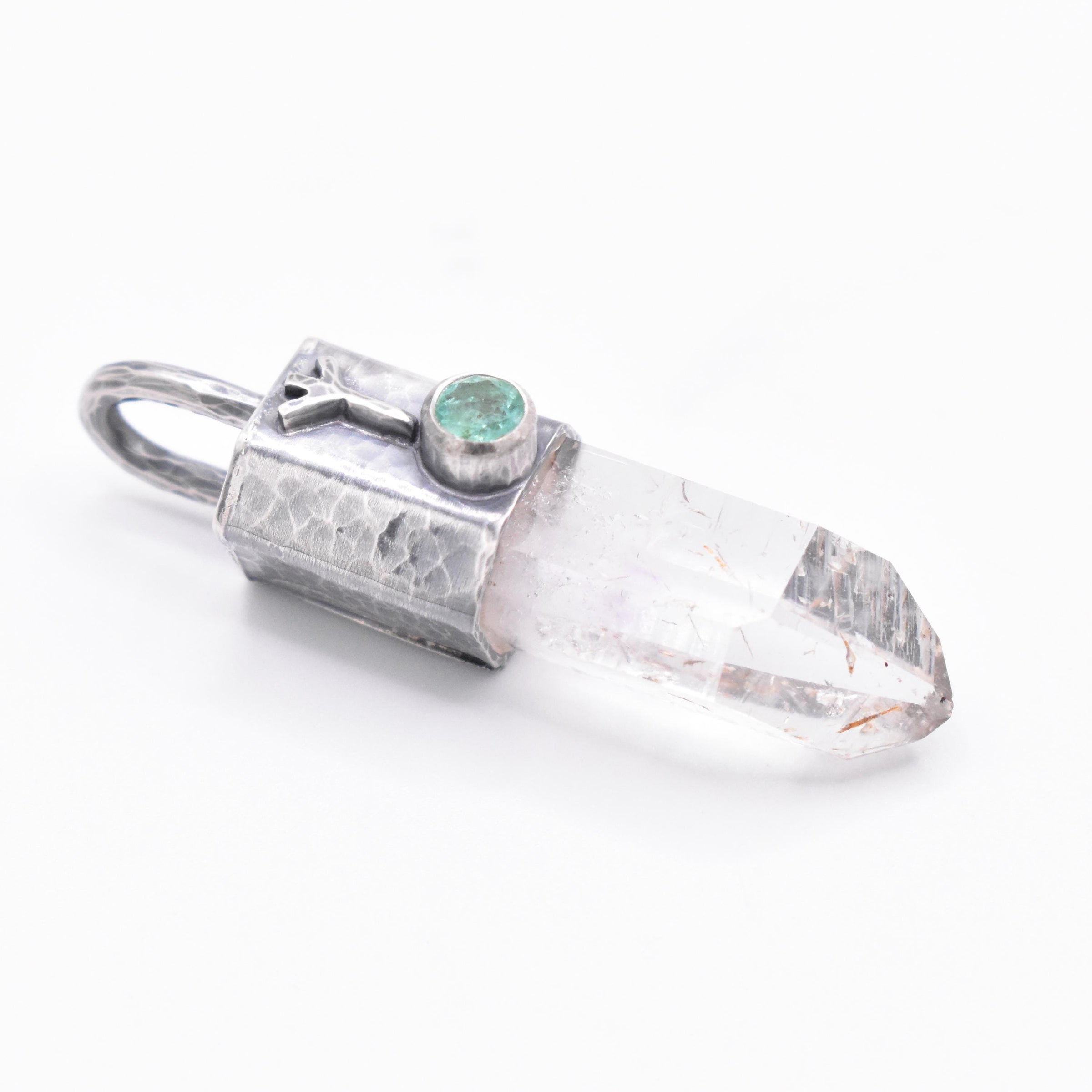 Handmade Brandberg Quartz and Emerald Hammered and Blackened Sterling Silver Algiz Rune Pendant