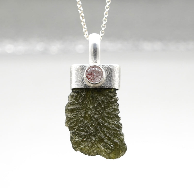 Handmade Moldavite & Super Seven Textured Sterling Silver Pendant