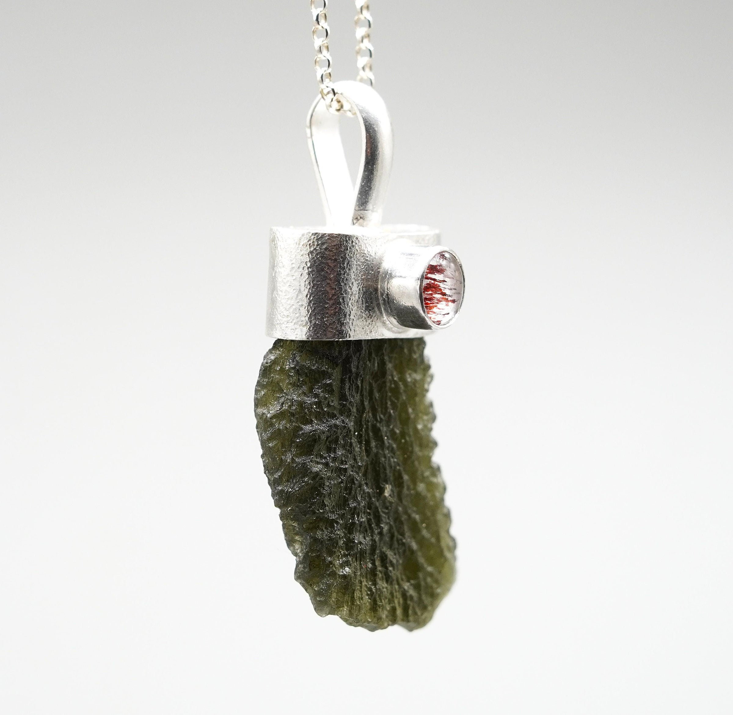 Handmade Moldavite & Super Seven Textured Sterling Silver Pendant