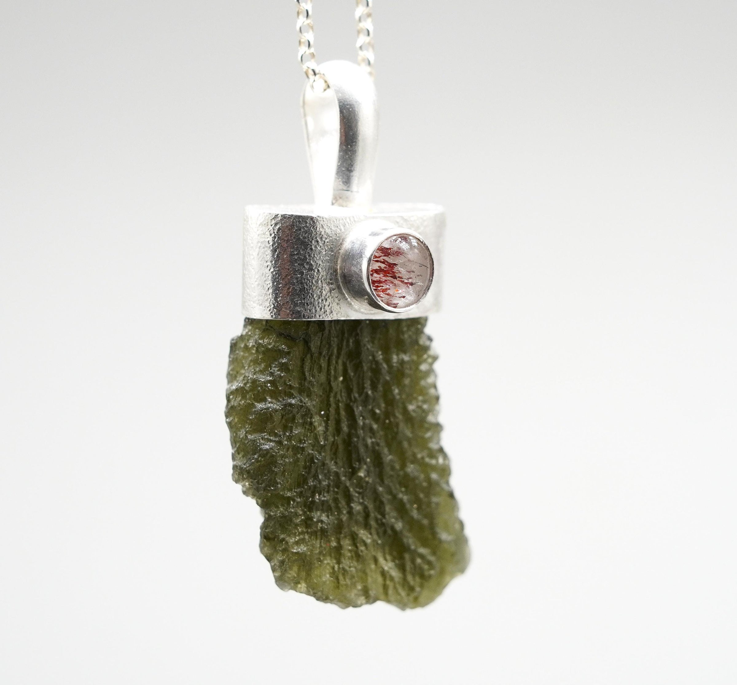 Handmade Moldavite & Super Seven Textured Sterling Silver Pendant