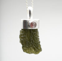 Handmade Moldavite & Super Seven Textured Sterling Silver Pendant