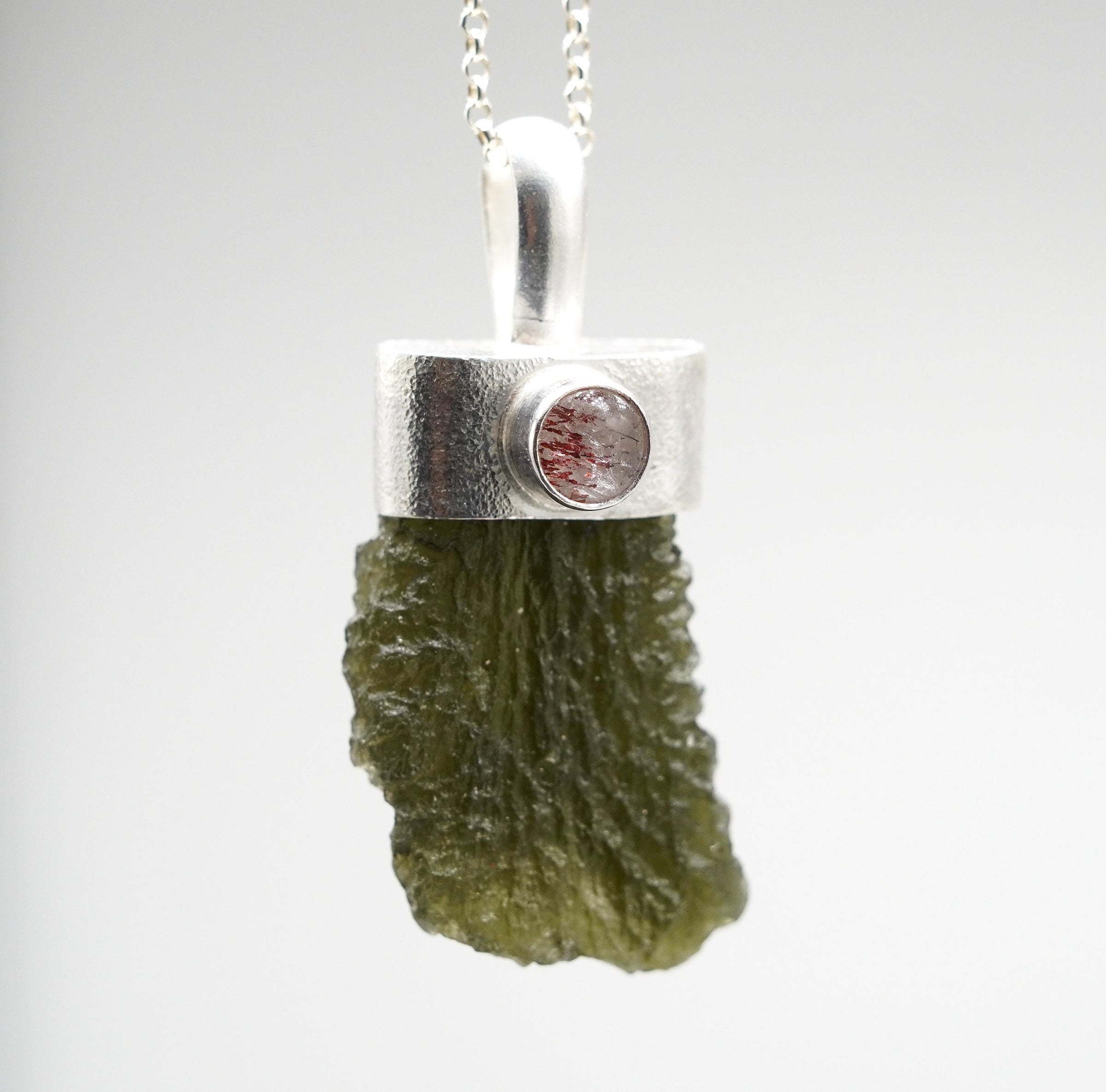 Handmade Moldavite & Super Seven Textured Sterling Silver Pendant
