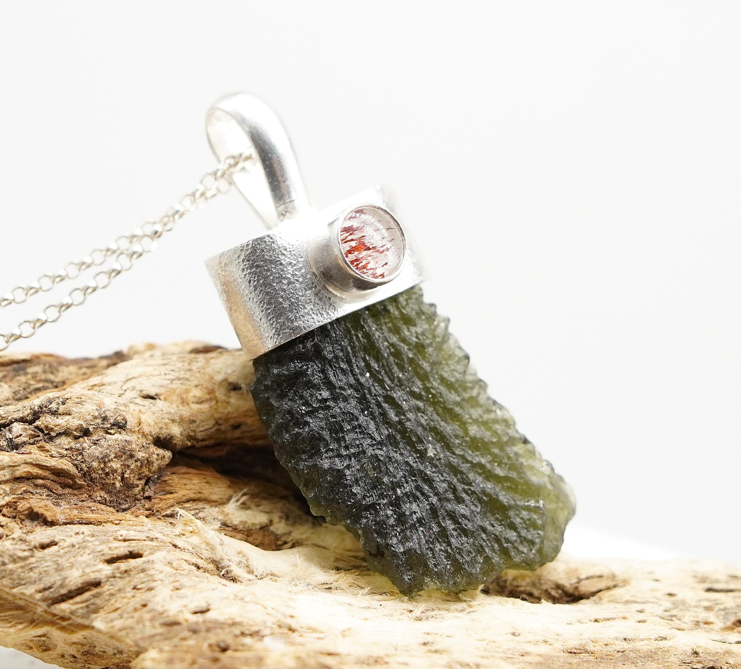 Handmade Moldavite & Super Seven Textured Sterling Silver Pendant