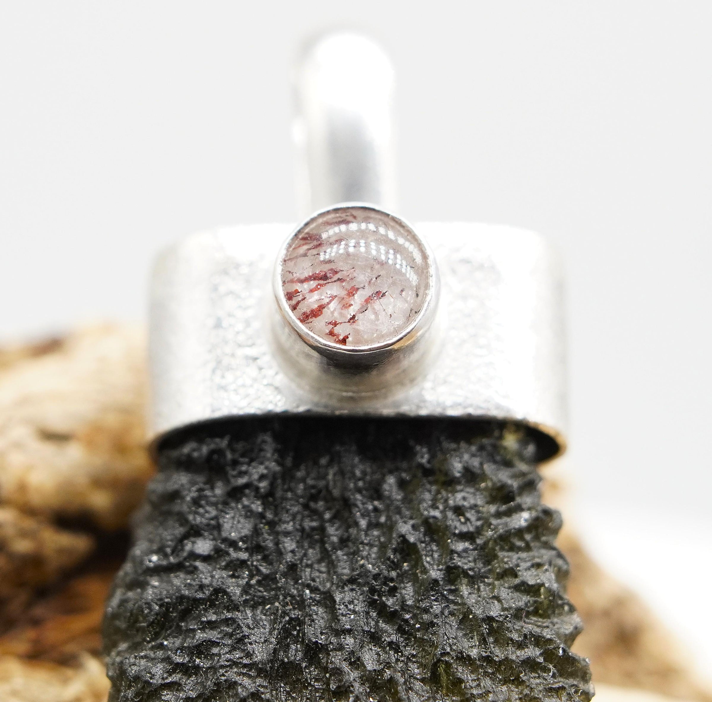Handmade Moldavite & Super Seven Textured Sterling Silver Pendant