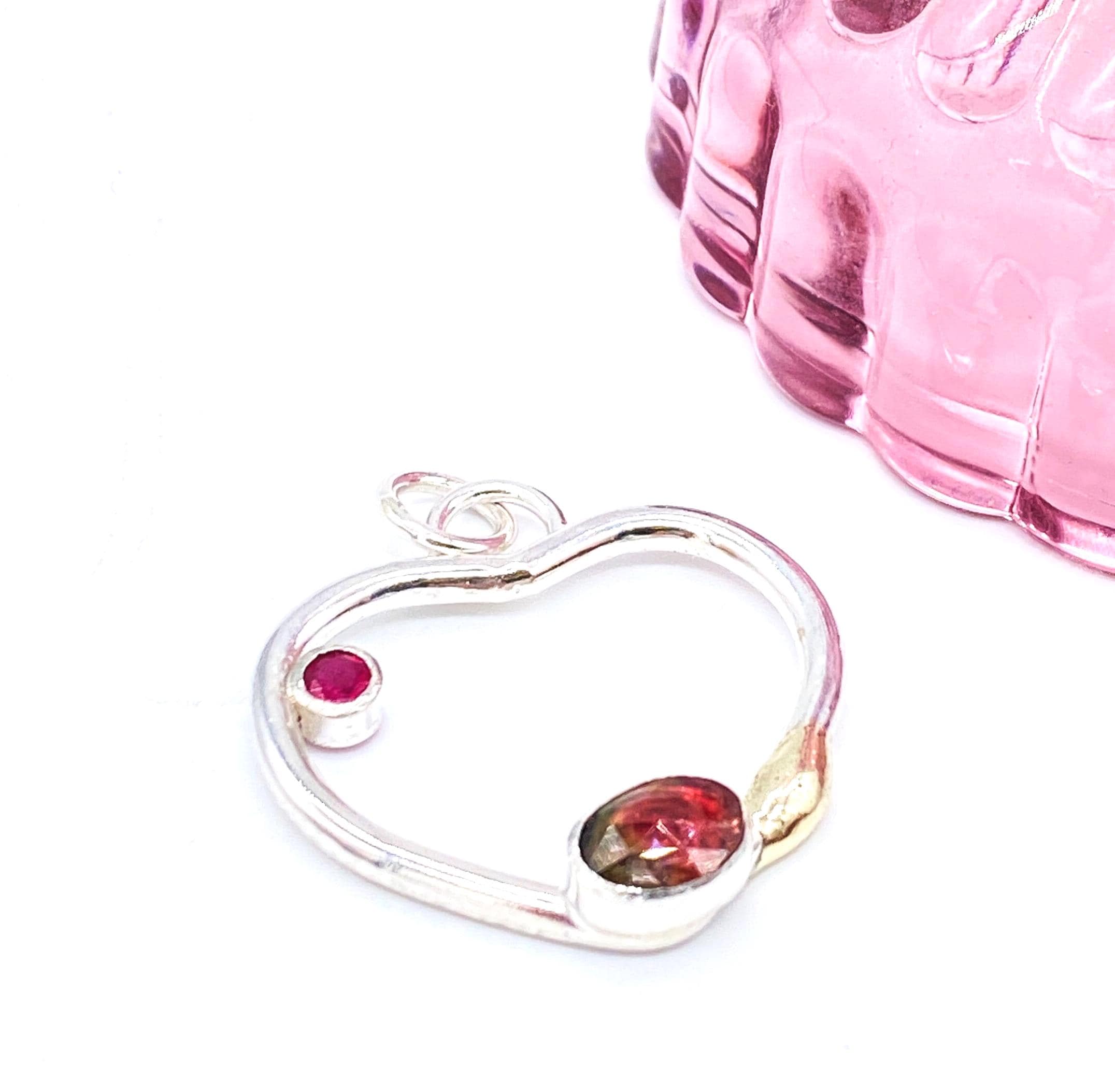 Watermelon Tourmaline with Ruby Sterling Silver & Gold Heart Pendant: Unique Handmade Natural Gemstone Jewellery