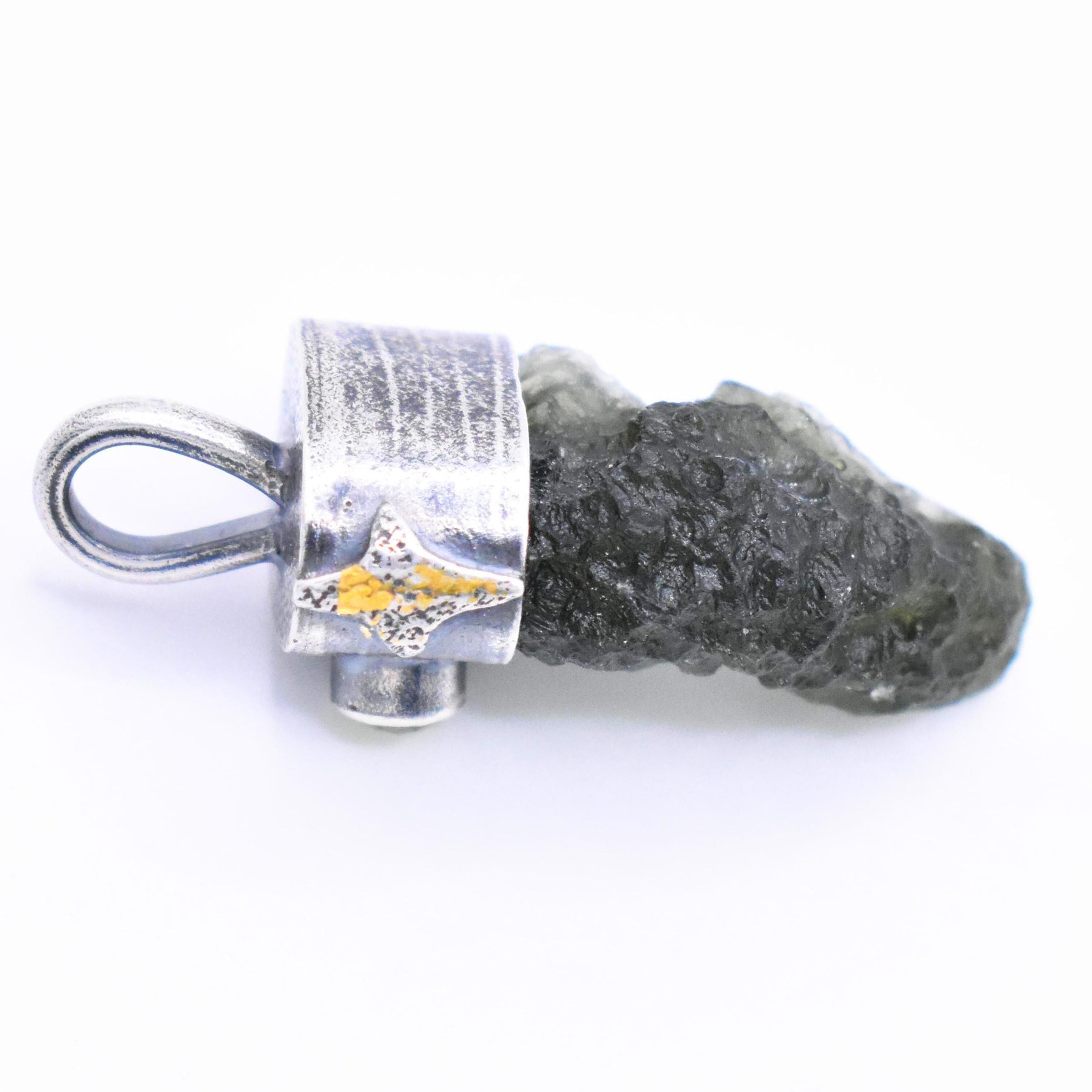 Handmade Moldavite and Peridot Sterling Silver and 24k Gold Keum-Boo Pendant