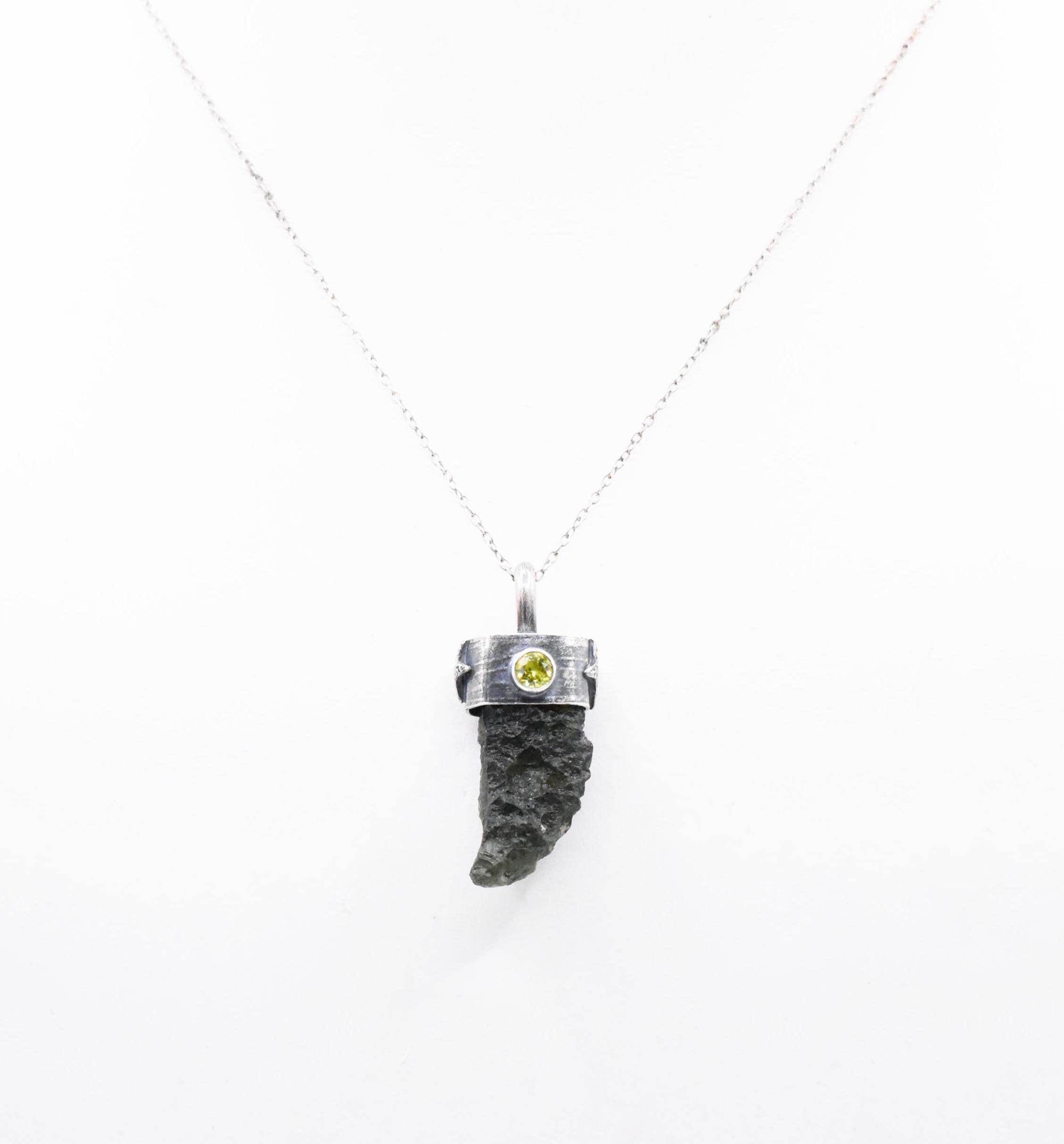 Handmade Moldavite and Peridot Sterling Silver and 24k Gold Keum-Boo Pendant