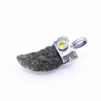Handmade Moldavite and Peridot Sterling Silver and 24k Gold Keum-Boo Pendant