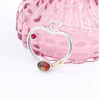 Watermelon Tourmaline with Ruby Sterling Silver & Gold Heart Pendant: Unique Handmade Natural Gemstone Jewellery