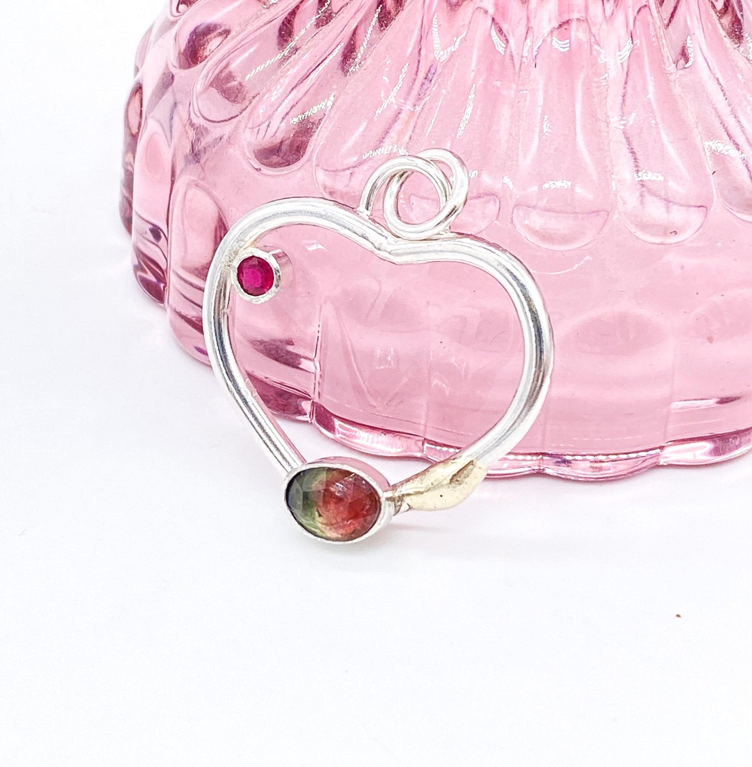 Watermelon Tourmaline with Ruby Sterling Silver & Gold Heart Pendant: Unique Handmade Natural Gemstone Jewellery