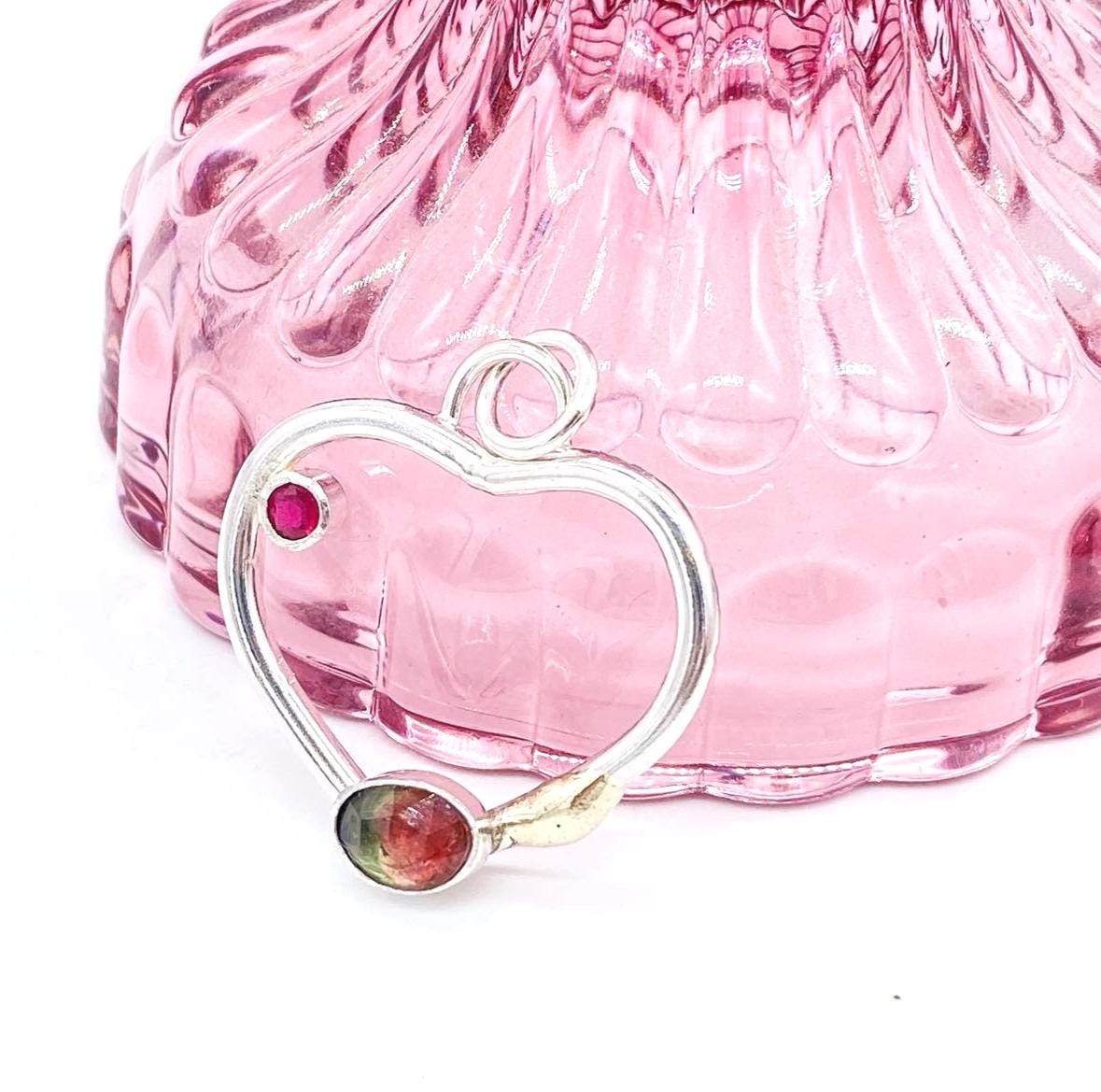 Watermelon Tourmaline with Ruby Sterling Silver & Gold Heart Pendant: Unique Handmade Natural Gemstone Jewellery