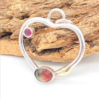 Watermelon Tourmaline with Ruby Sterling Silver & Gold Heart Pendant: Unique Handmade Natural Gemstone Jewellery