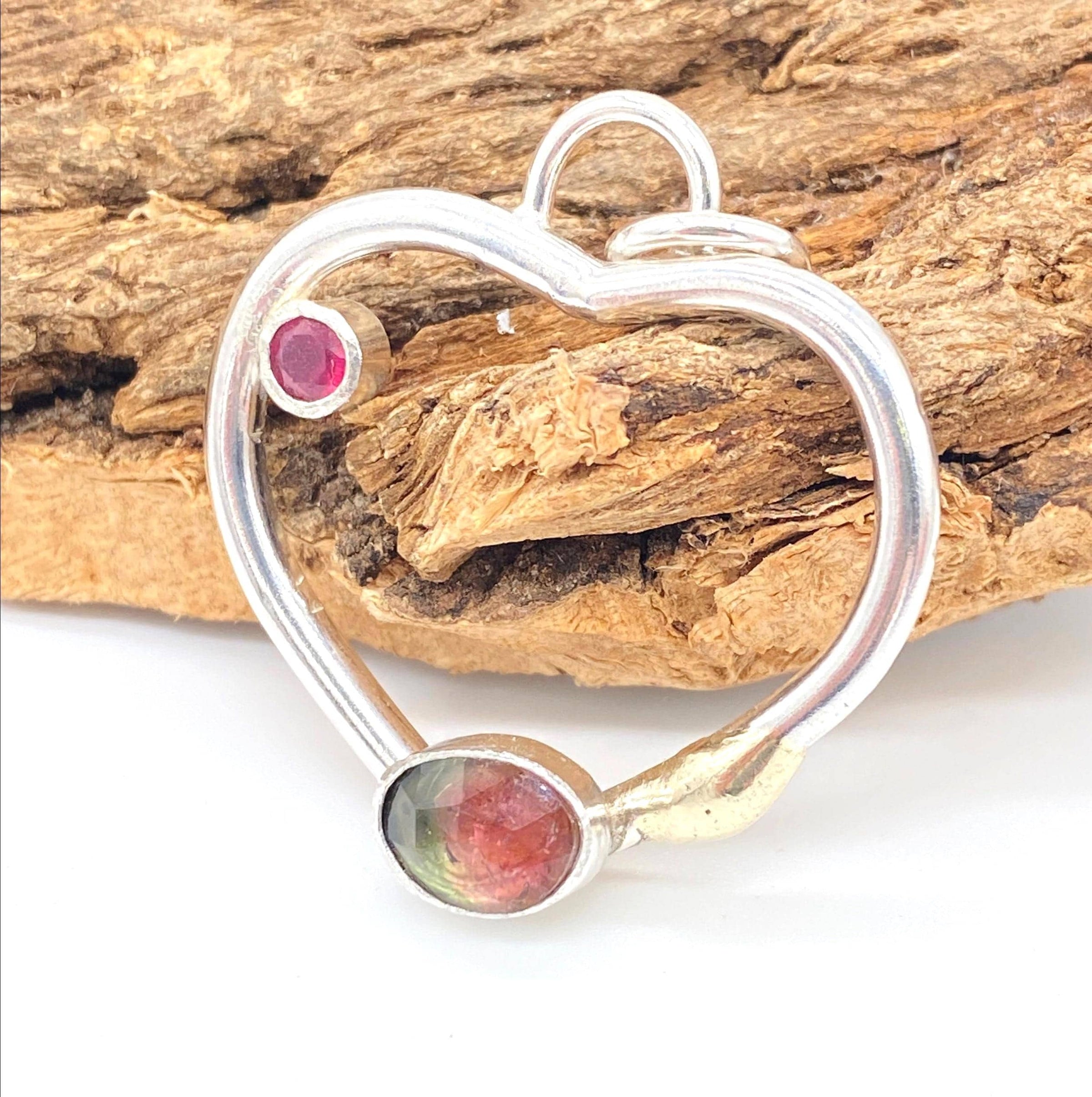 Watermelon Tourmaline with Ruby Sterling Silver & Gold Heart Pendant: Unique Handmade Natural Gemstone Jewellery